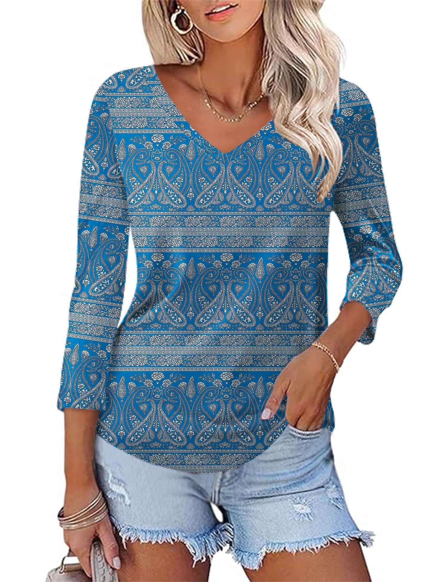 KTILG Women's V Neck T Shirts 3/4 Sleeve Blouse Summer Tops Dressy Casual Solid Basic Tees