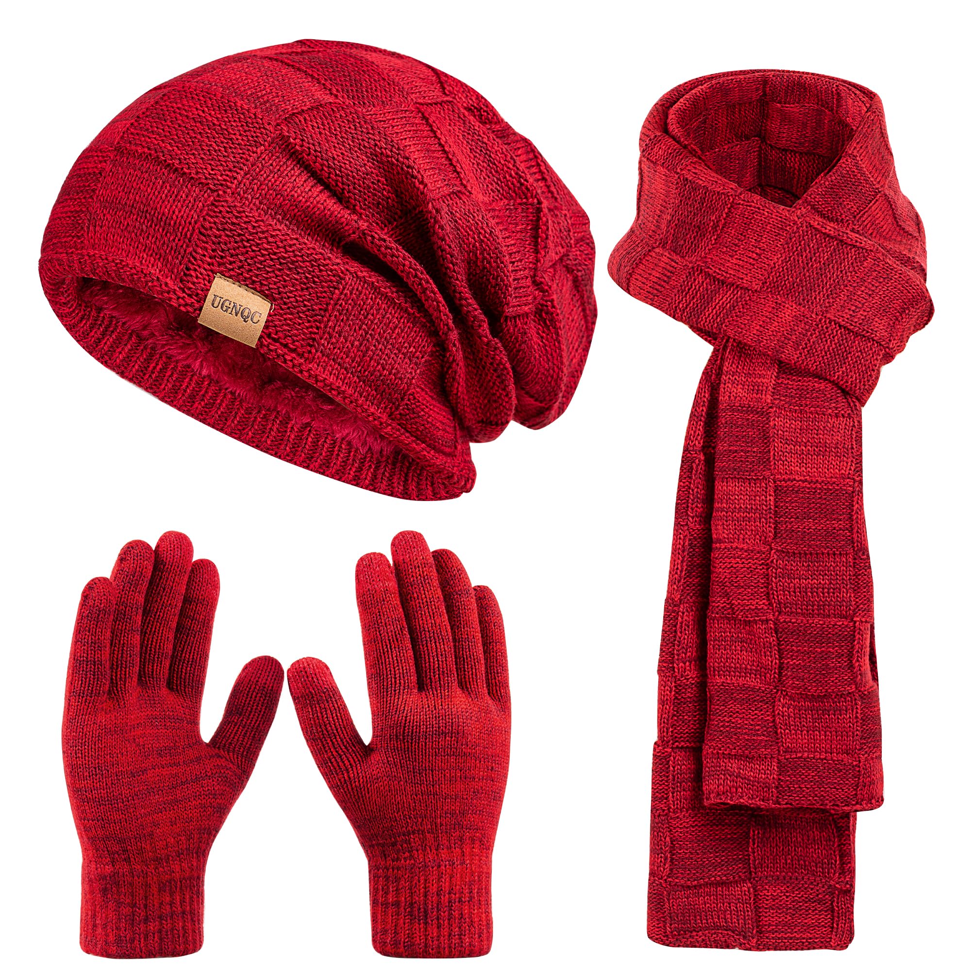 Beanie Hat Scarf Touchscreen Gloves Set for Men and Women, Fleece Lined Warm Winter Beanie Gloves Long Neck Warmer Set Red
