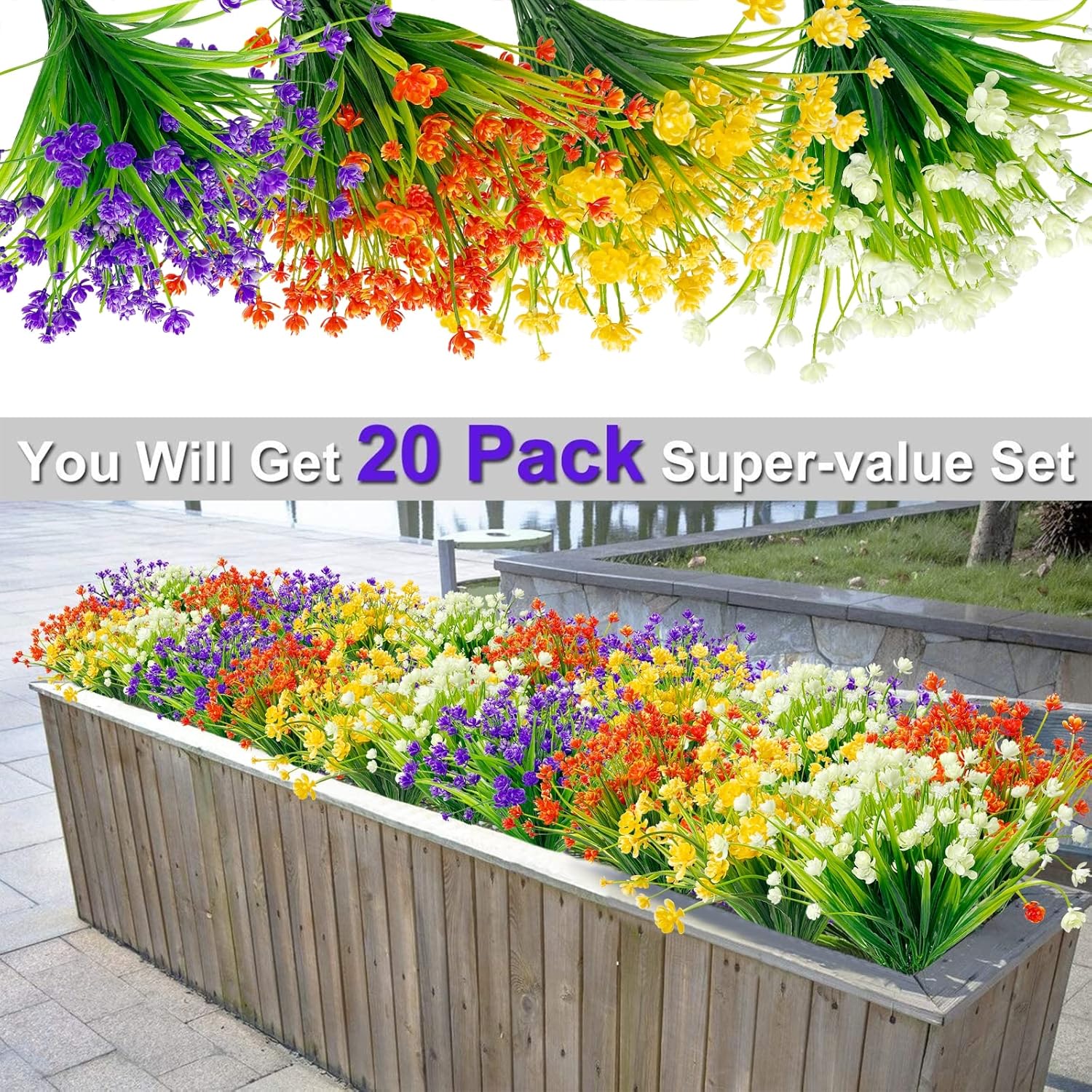 20 Bundles Artificial Flowers for Outdoor Decoration, Spring Summer Decoration UV Resistant Faux Outdoor Plastic Greenery Shrubs Plants Fake Flowers Hanging Planter Home Garden Decor(Mix Colors) : Home & Kitchen