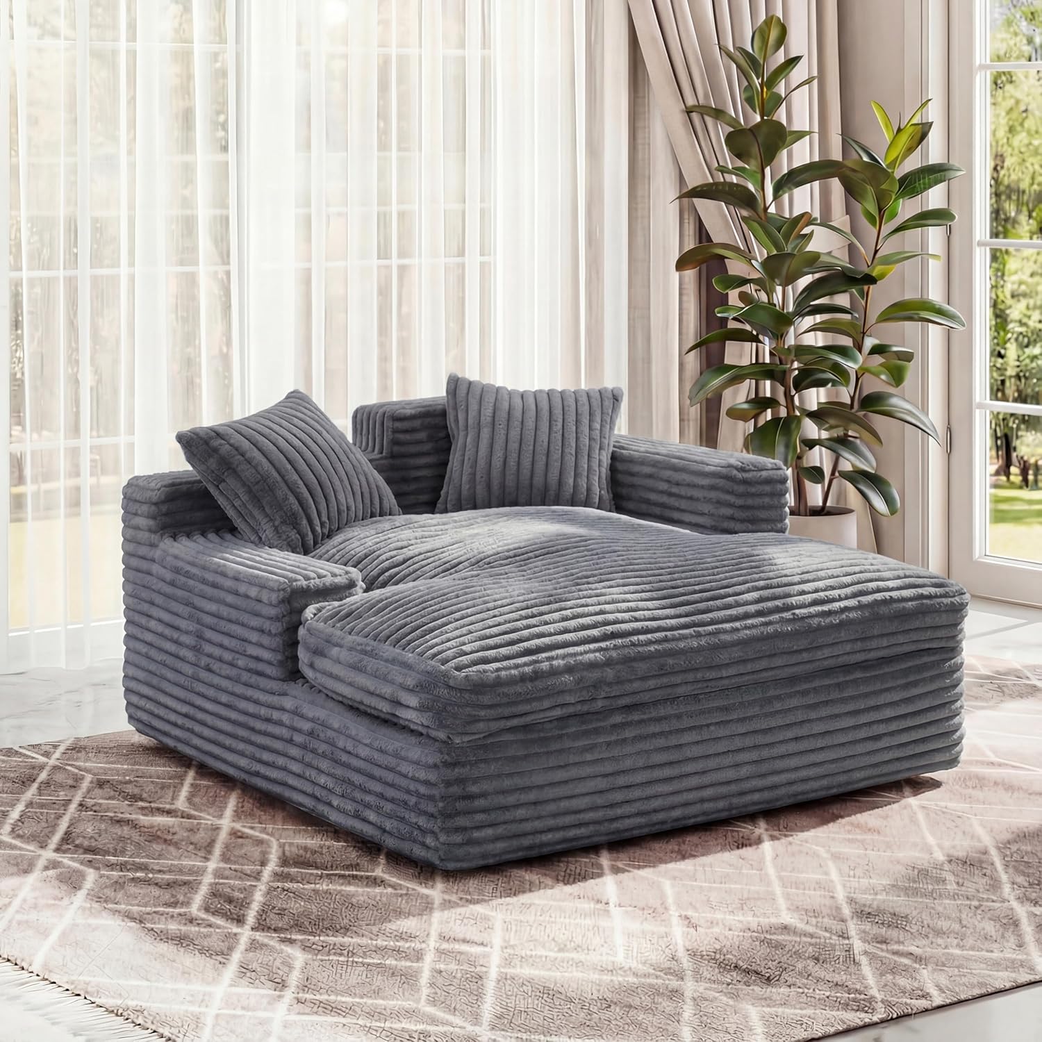 60" Oversized Chaise Lounge Chair Indoor, Oversized Comfy Chaise Lounge Sofa, Upholstered Sofa Bed with Throw Pillows, Corduroy Boneless Couch - with Thick Cushion for Living Room, Bedroom (Gray)