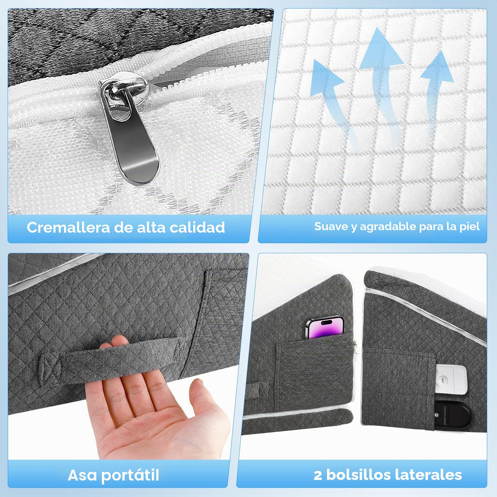 Almohada de cuña para cama y sofá con espuma viscoelástica, 50 x 50 x 26 cm - Almohada de descanso ajustable en altura, almohada de lectura para sofá/cama, para asiento y piernas, funda lavable