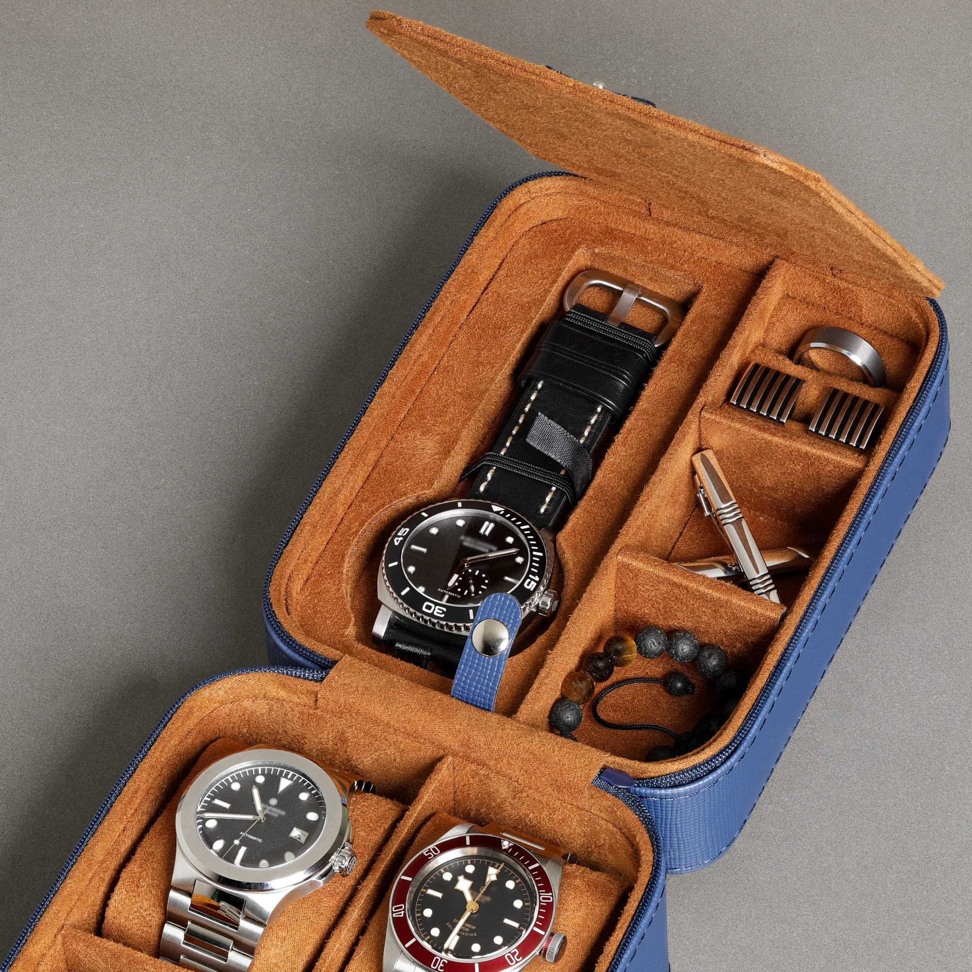 ROTHWELL Étui de voyage pour 5 montres, Ecrins pour montres - Protection robuste et portable avec fermeture éclair - S'adapte à toutes les montres jusqu'à 50 mm (BleuBeige)