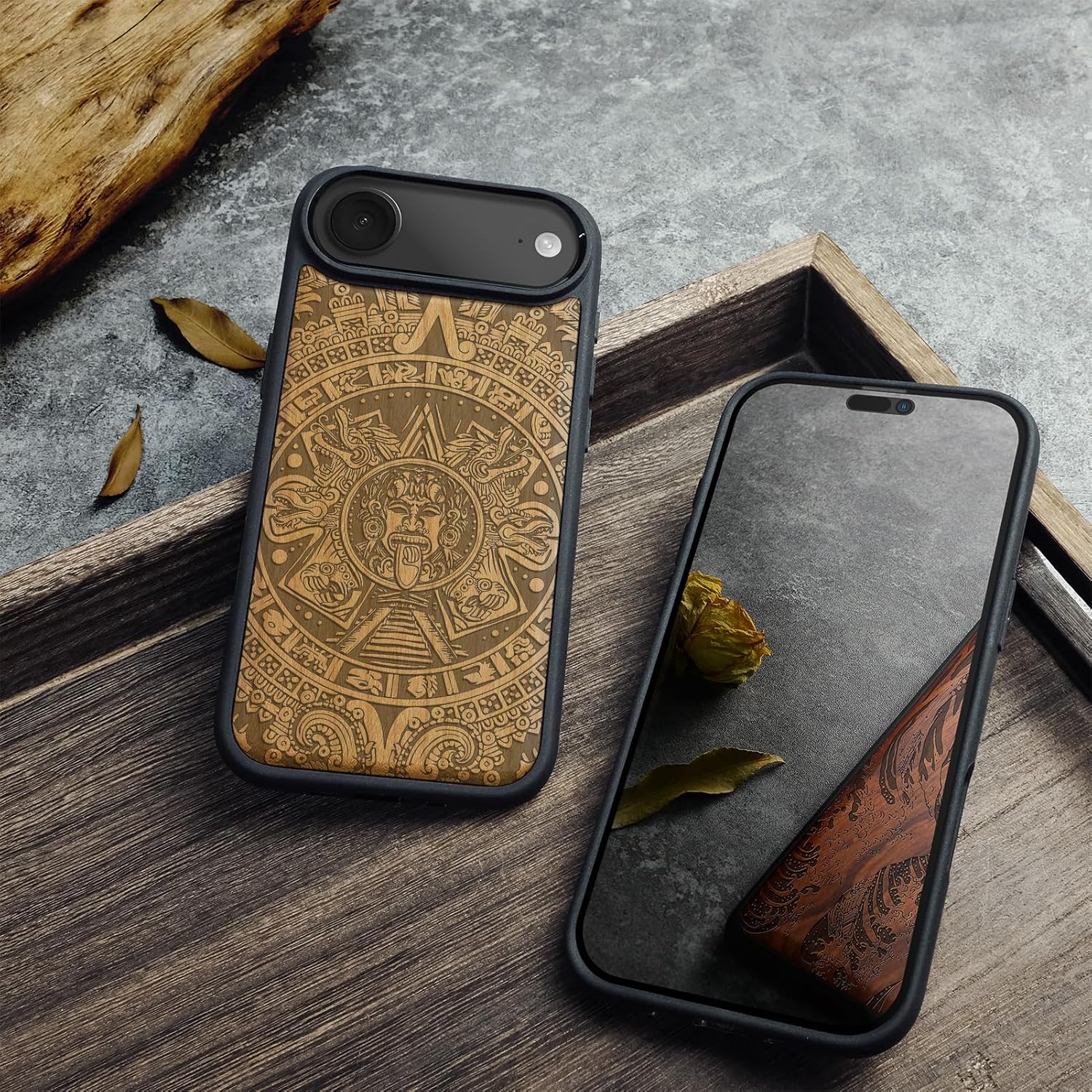 Carveit Magnetic Wooden Case for iPhone Air Case, Wood Artisan Engraved & Soft TPU Shockproof Cover, Compatible with MagSafe 17 Air Wireless Chargers (Echoes of The Maya) Cherry
