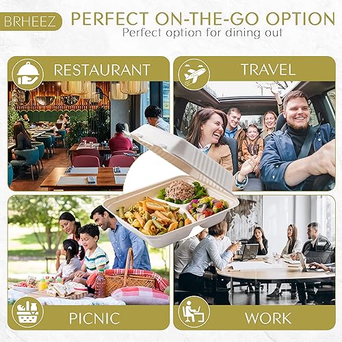 Vista 34 de brheez Recipientes desechables de fibra de bagazo biodegradables con tapas para llevar, fiestas y vacaciones, paquete de 50 cajas sin productos