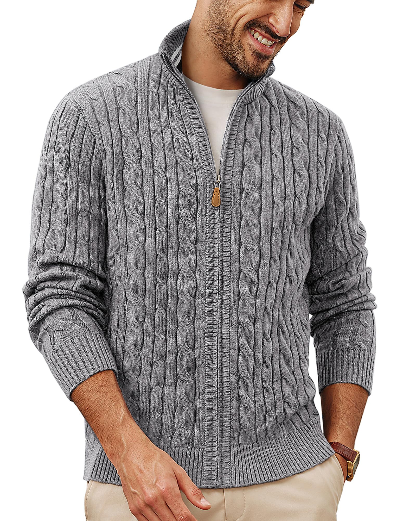 PJ PAUL JONES Cardigan da uomo con chiusura lampo, colletto alto, motivo a treccia
