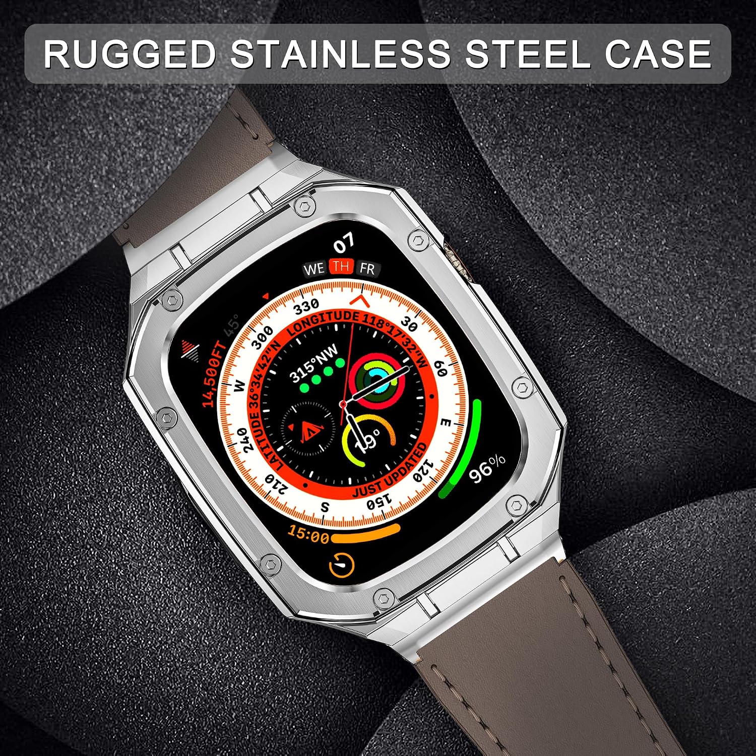 Stainless Steel Case and Leather Band Compatible with Apple Watch 49mm for Men,Genuine Leather Apple Watch Strap and Metal Cover for iWatch Ultra 3 2 1,Coffee/Silver