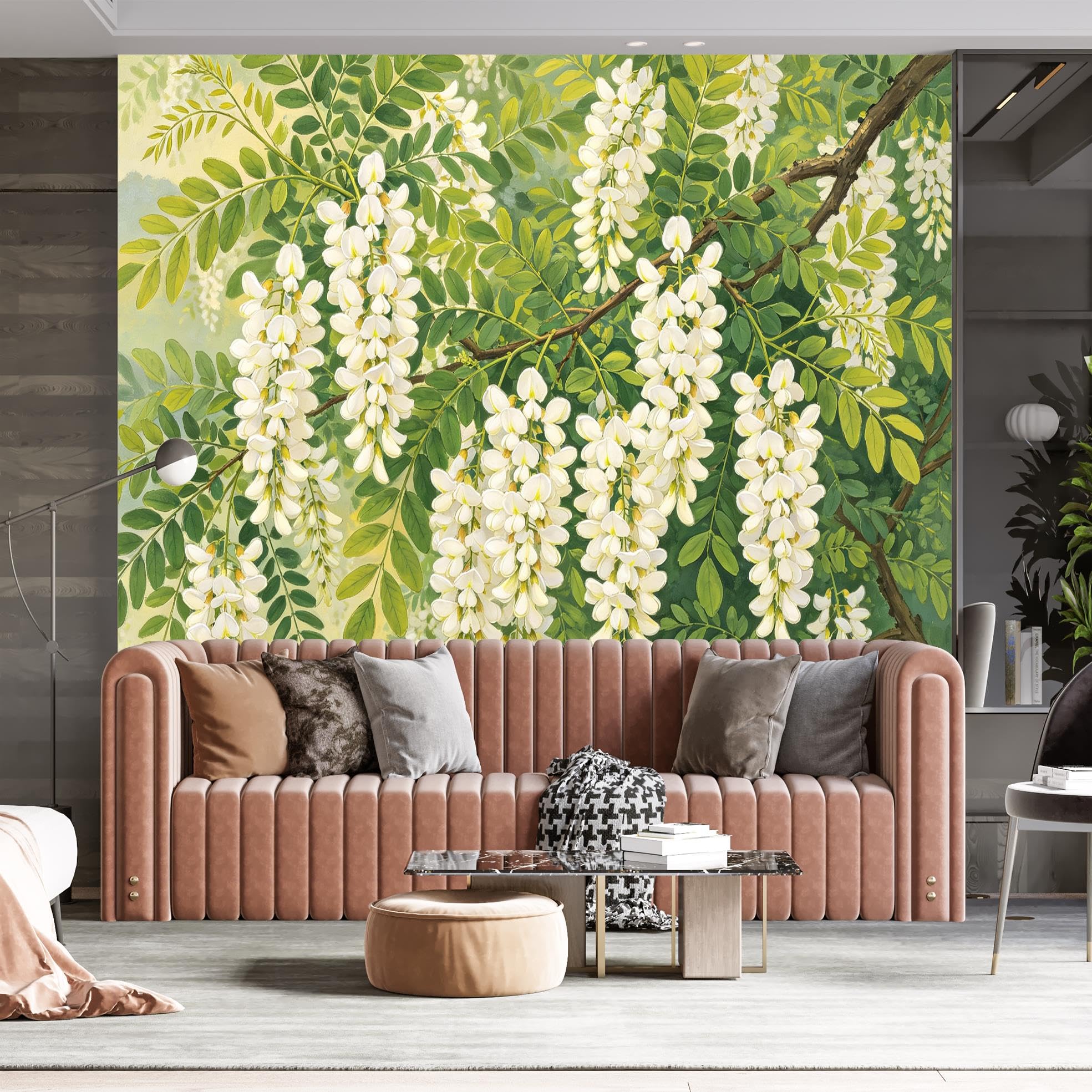 Papier Peint Mural Aquarelle De Fleurs Blanches, Vinyle Autocollant 280 X 180 cm (L X H), Amovible, Imperméable, Grand Format, Motif Botanique, Idéal pour La Décoration De Chambre ou De Salon.