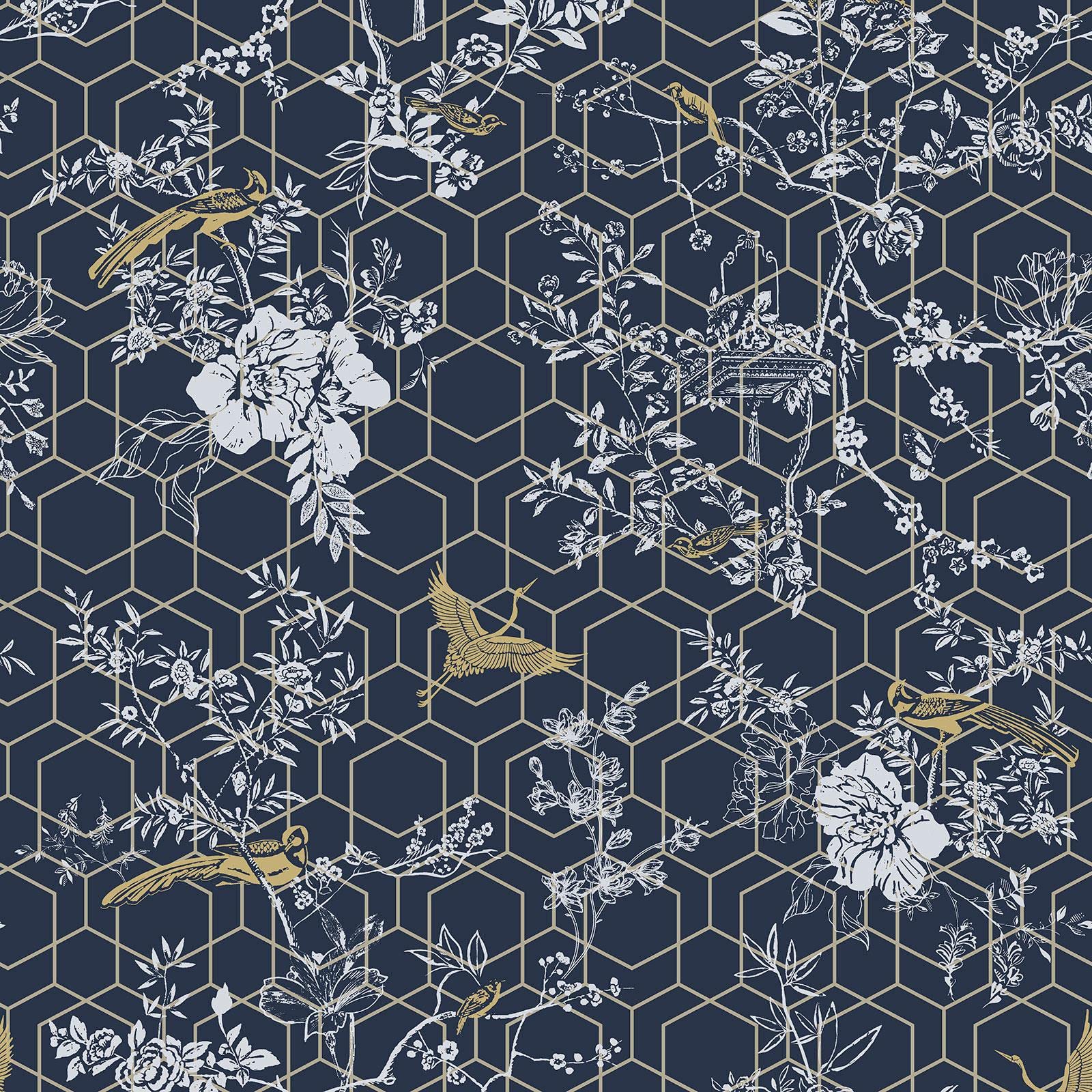 Muriva Lipsy Himara Wallpaper-Modern Floral Wallpaper Living Room，Bedroom，Fireplace-Decorative Nature Luxury Wall Paper w/ Flowers，Birds & Metallic Gold Geometric Print (Navy Blue)，Blue,gold
