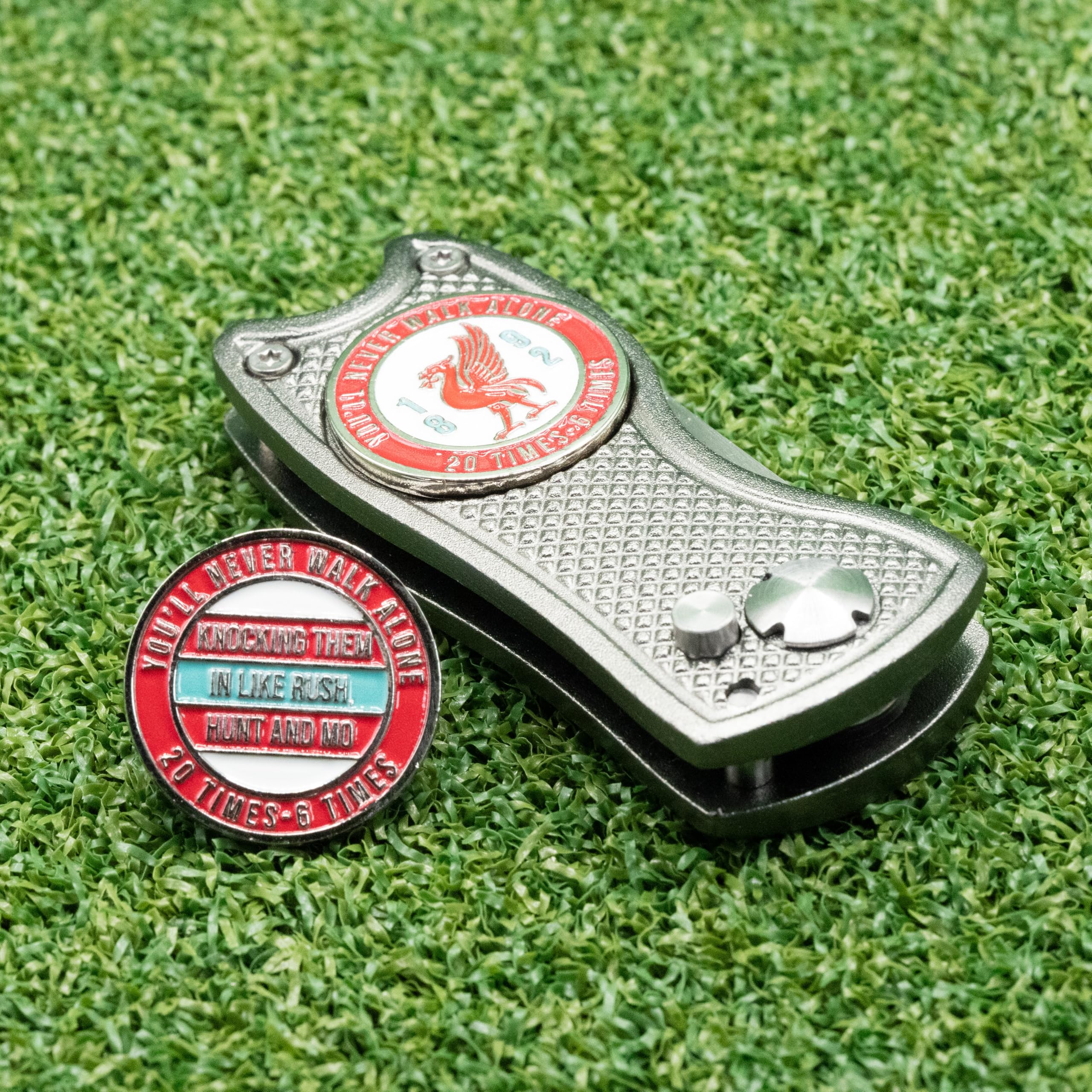 Liverpool (20 Times) Ball Marker with Golf Divot Repair Tool - Gift Combo. Pitch Mark Tool has Pop-up Button & Foldable Tines to Protect Pockets. Lightweight, Portable. (Grey)