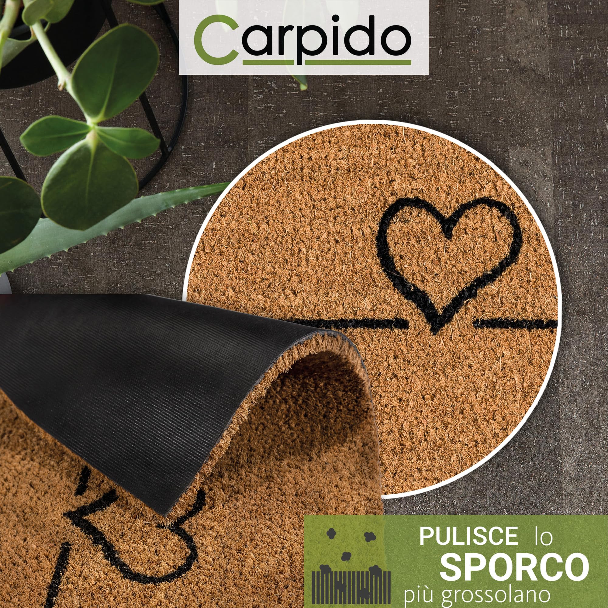 Carpido Zerbino in fibra di cocco a linee semicircolari - clean run 40x60 cm zerbino per porte interne antibatterico in fibra di cocco - materiale naturale