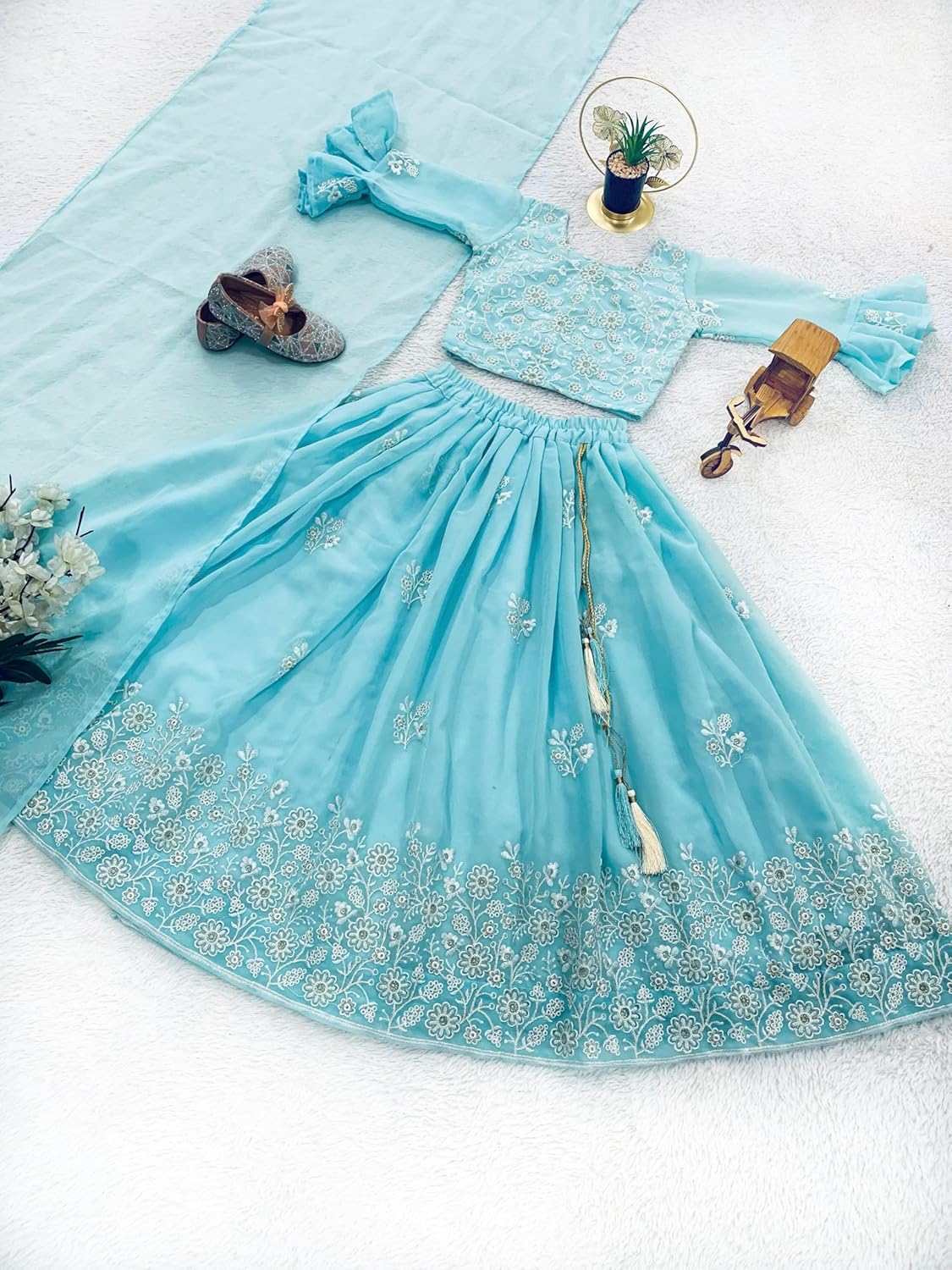 Girls Turquoise Lehenga Choli Set with Bell Sleeves, Floral Embroidered Crop Top and Skirt, Traditional Indian Dress