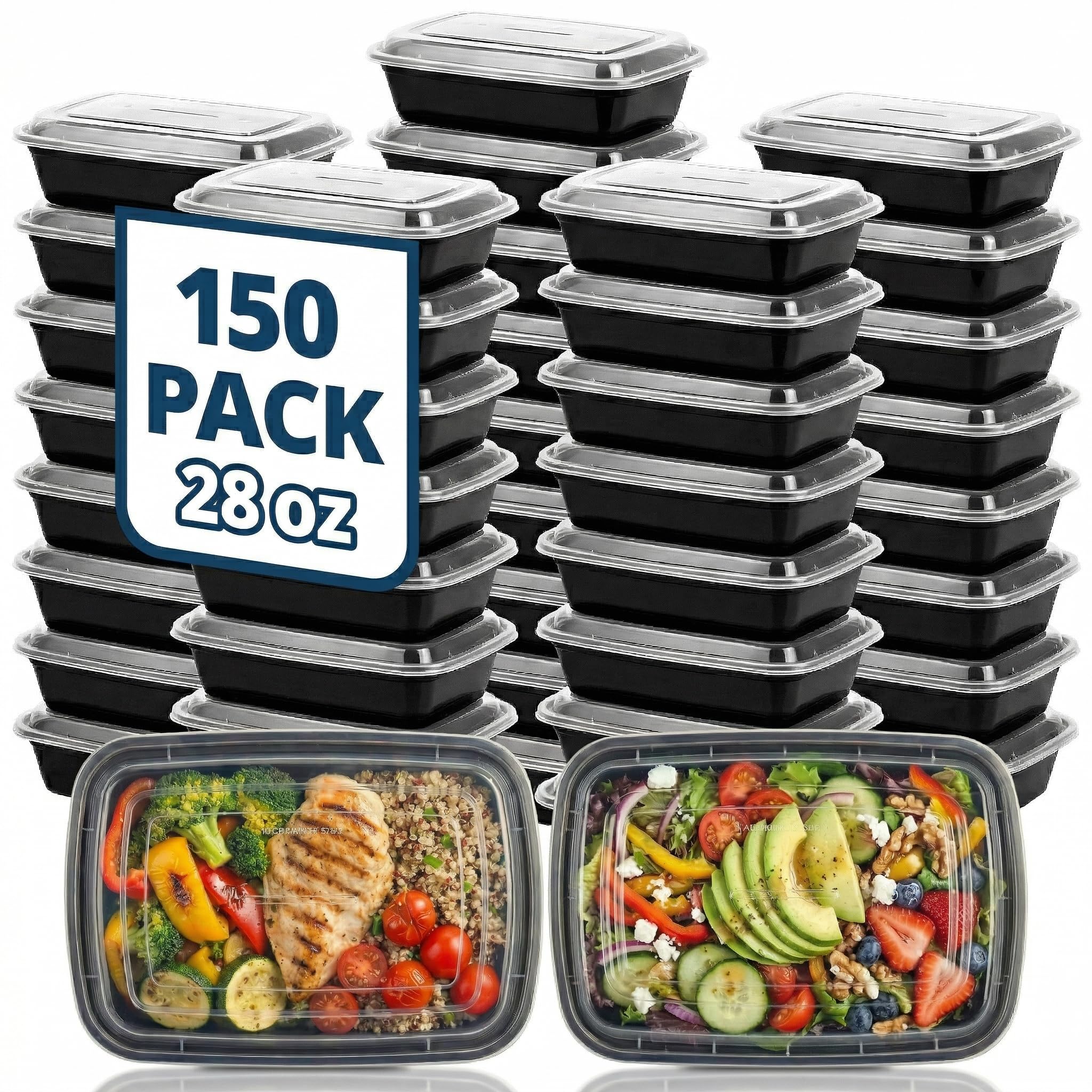 TIYA - Contenedores de comida para llevar, 28 onzas, paquete de 150 unidades con tapas, recipientes rectangulares de plástico para llevar, reutilizables, aptos para microondas y lavavajillas, a prueba