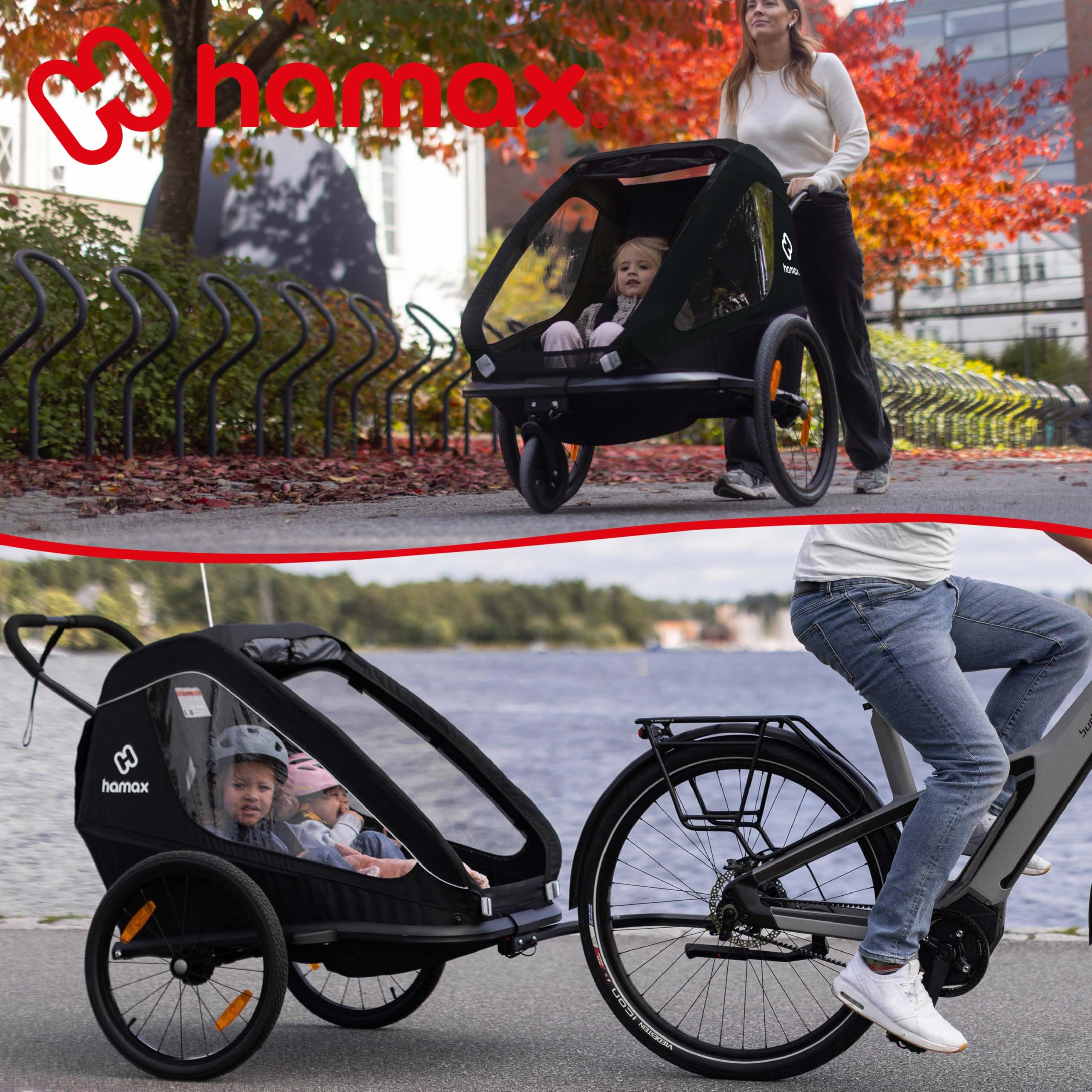 Hamax - Trailer Traveller a 2 posti - Rimorchio Bici e Passeggino - Massima sicurezza - Imbracatura a 5 punti - Riflettori multipli - Leggero e pieghevole - per bambini fino a 22 kg