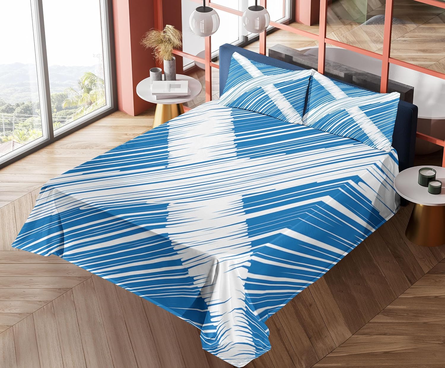 Ambesonne Scotland Sheet Set, National Scottish Flag The Saltire European Diagonal Streaks Drawn by Hand, Fitted and Flat Sheet with Pillowcases Bedding Accent 4 Piece Set, Full, Cobalt Blue