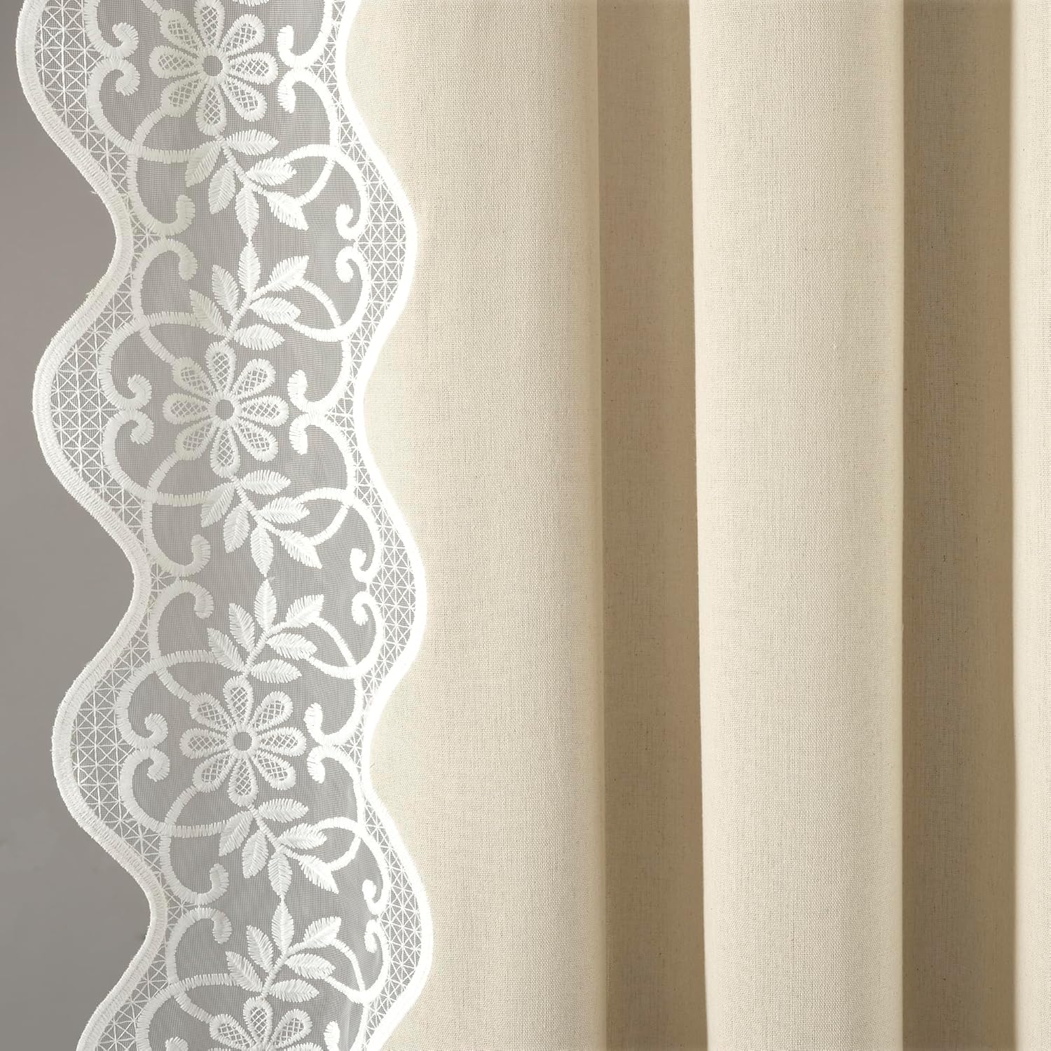 Lush Decor Scallop Edge Lace Border Window Curtain Panel Single 52" W x 84" L Neutral & Off White - Vintage Lace Curtains for Bedroom Or Living Room