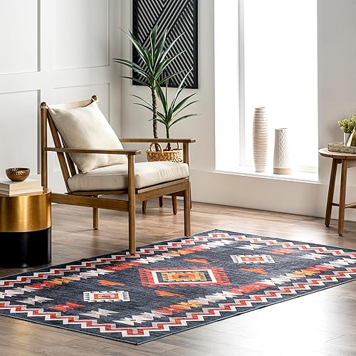 nuLOOM Jayde - Alfombra ultrafina lavable a máquina, diseño de diamante del suroeste, 5 x 8 pies, color azul marino