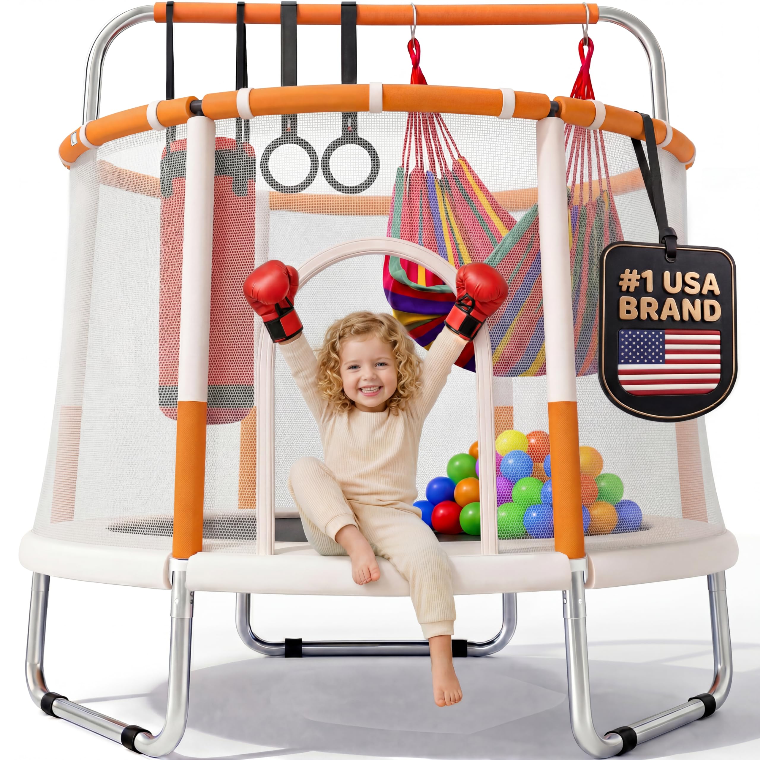 Photo 1 of Happin® 55’’ Trampoline for Kids with Safety Enclosure, Indoor & Outdoor Toddler Trampoline, Ultra Safe Design with Multi Activity Accessories, Perfect for Boys & Girls Ages 1–8