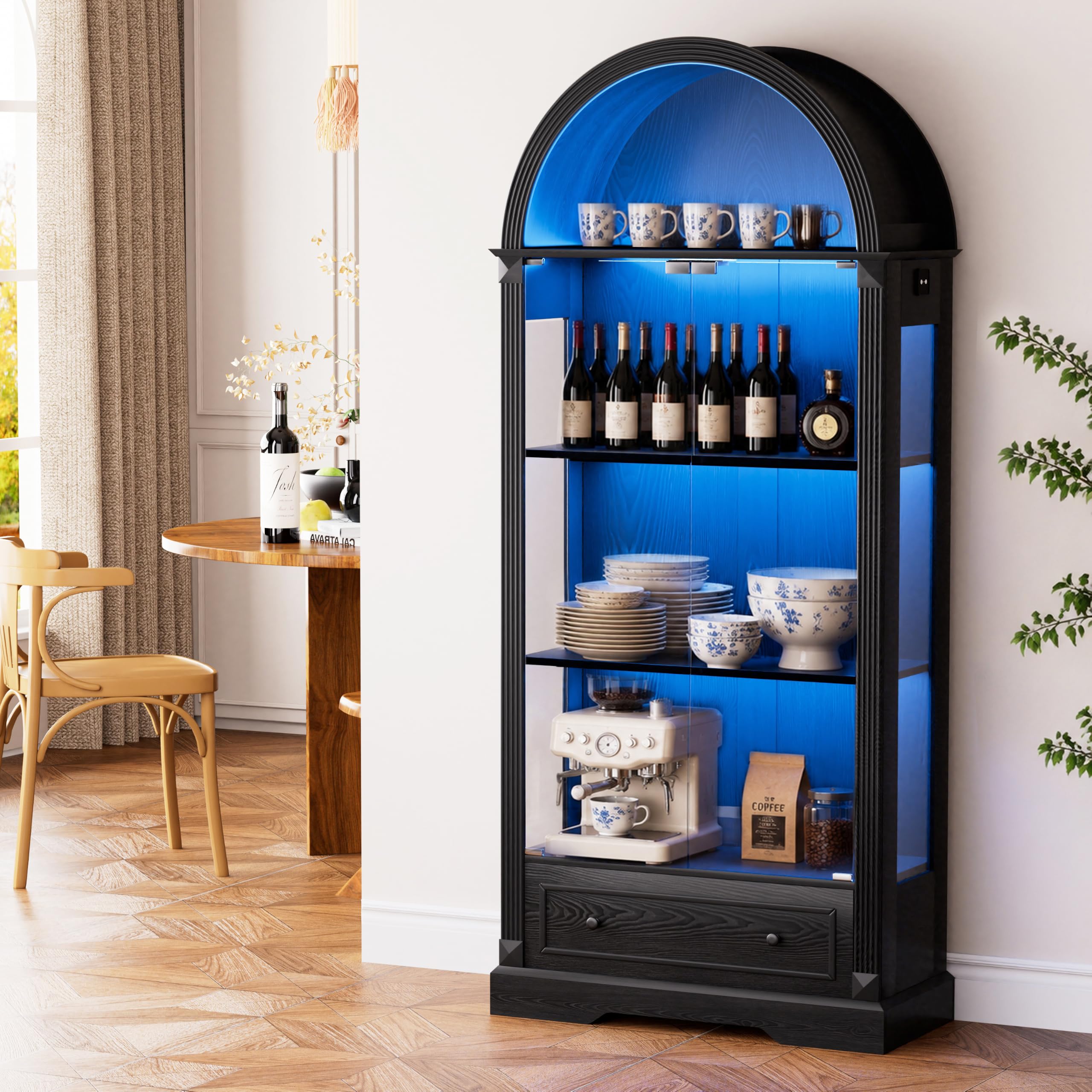 Vitrine mit Bogenform 180 cm mit Glastüren und LED-Beleuchtung schwarz