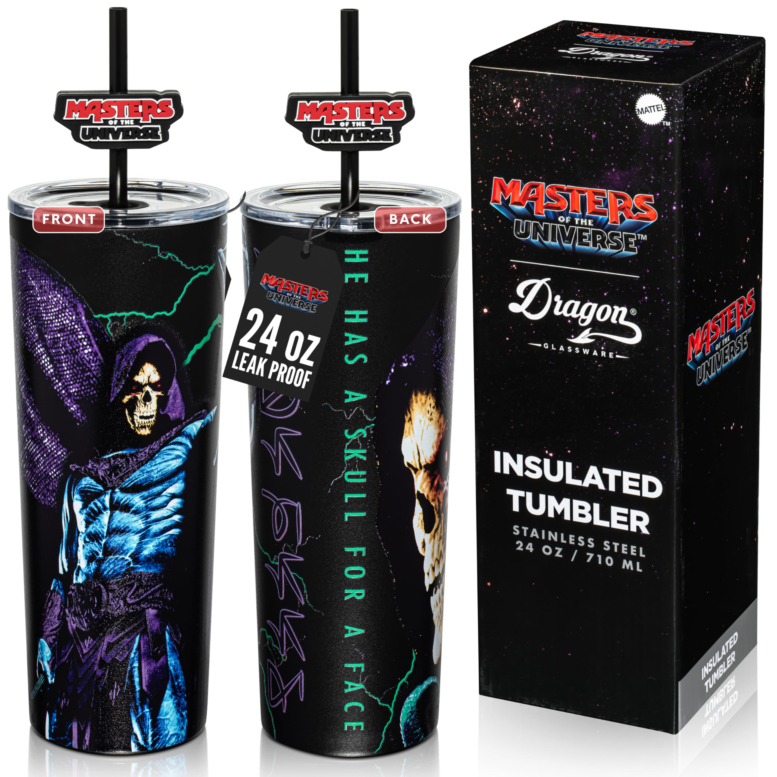 Dragon Glassware x Masters of the Universe Tumbler (MOTU), 24 oz - Skeletor | Vacuum Insulated Stainless Steel Tumbler with Straw & Lid; With Straw Topper; Official Masters of the Universe 2026 Movie Cup MOTU - Skeletor 24 Ounces