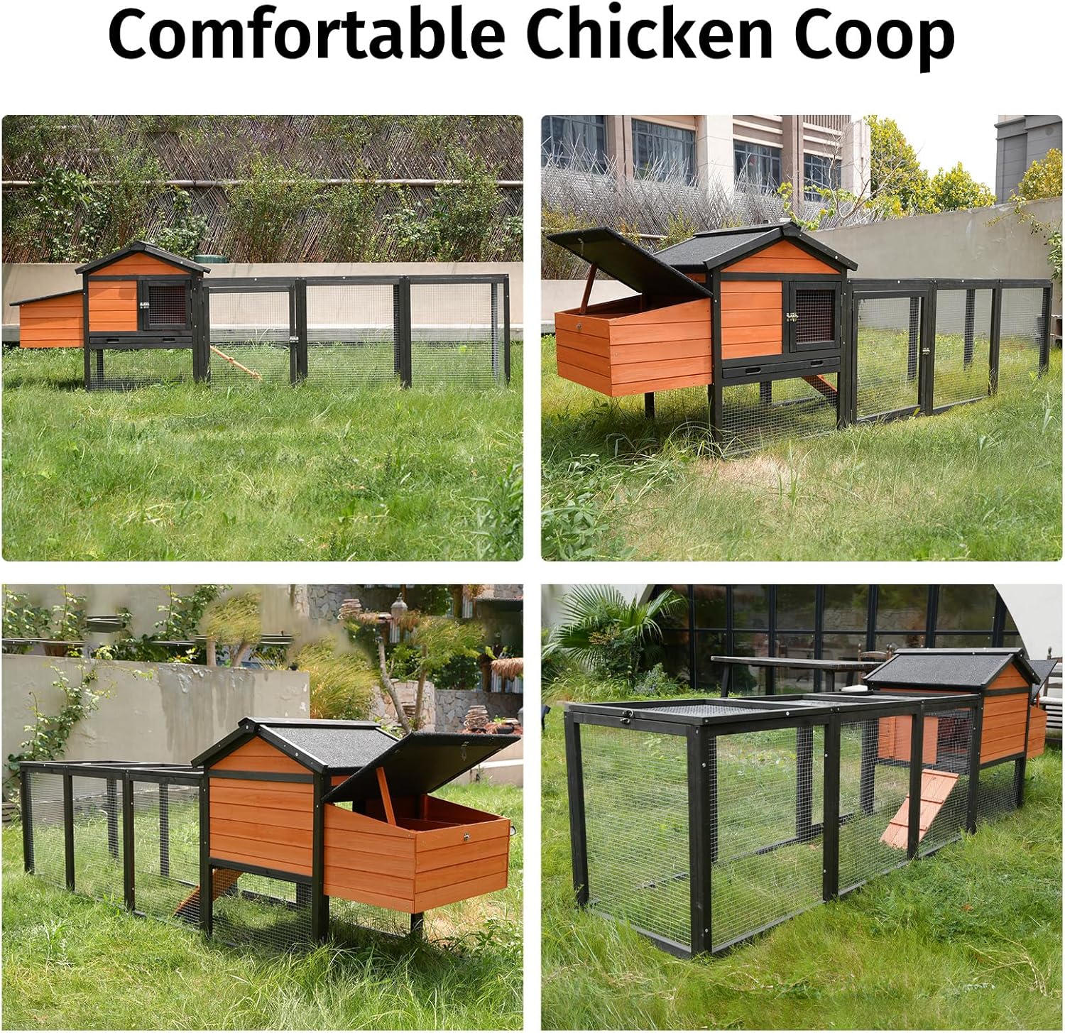 Chicken Coop, Large Wooden Chicken Coop with Nesting Boxes & Run Cage for 2-4 Chickens, Outdoor Hen House Poultry Hutch Rabbit Cage with No-Slip Ramp & Pull-Out Tray for Backyard Farm