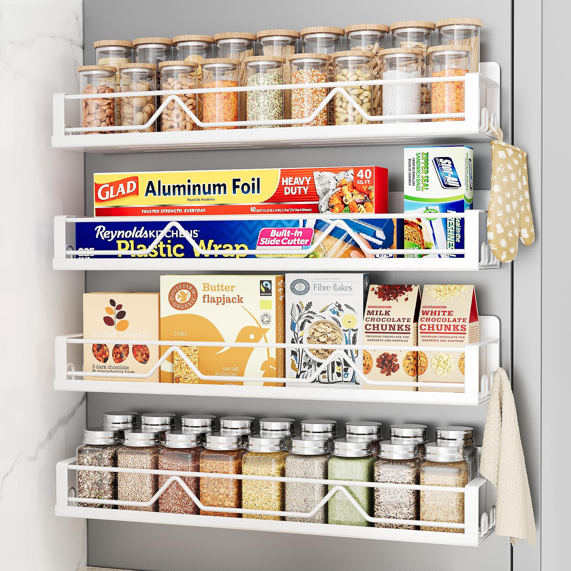 16.9 Inch Large Capacity Magnetic Spice Rack for Refrigerator White, 4 Pack