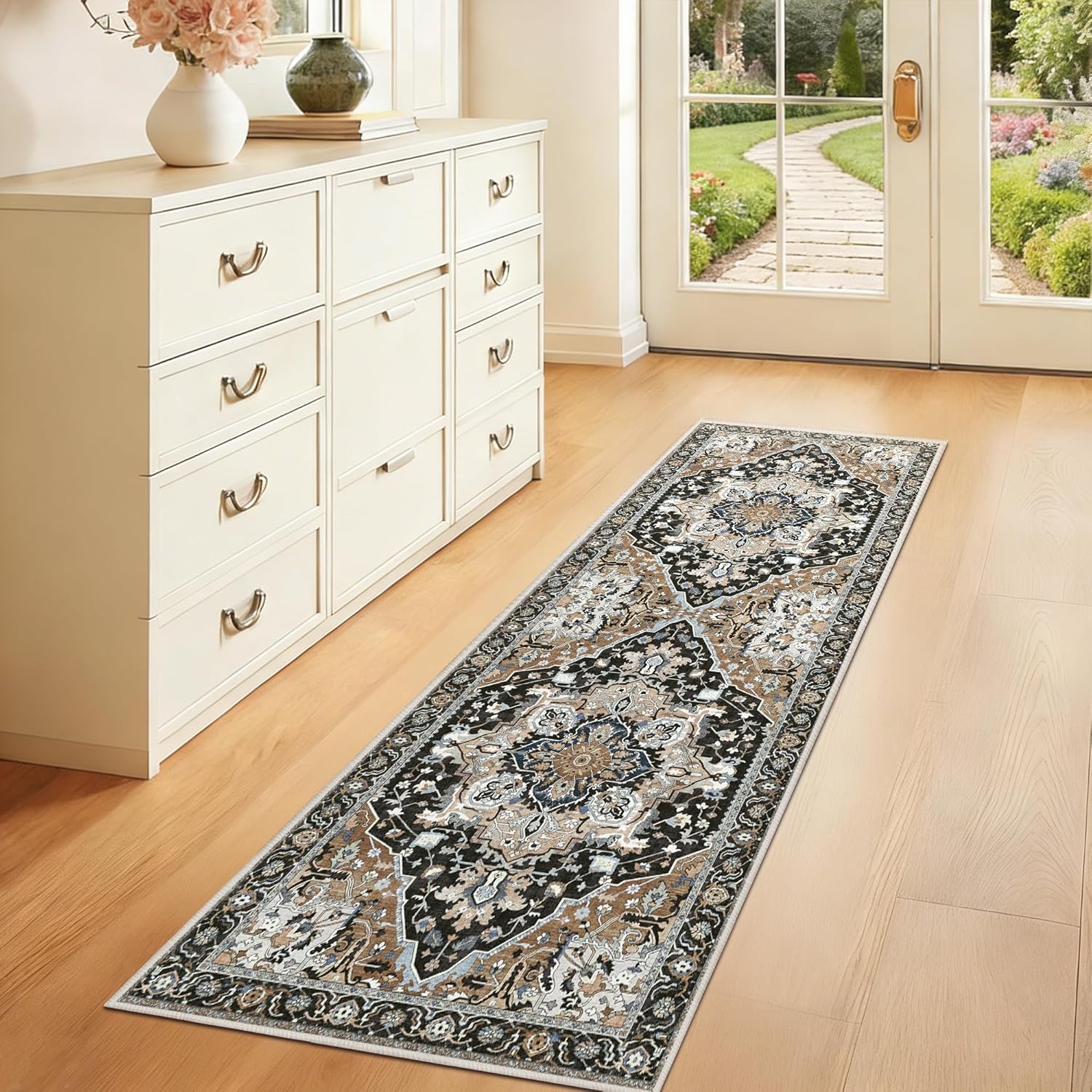 2x6 Black Boho Runner Rug - Washable Non-Slip Low Pile Hallway & Kitchen Rug - Stain Resistant Pet & Kids Friendly Carpet for Bedroom Side, Laundry, Bathroom, Foldable Long Floor Mat, Black Multi