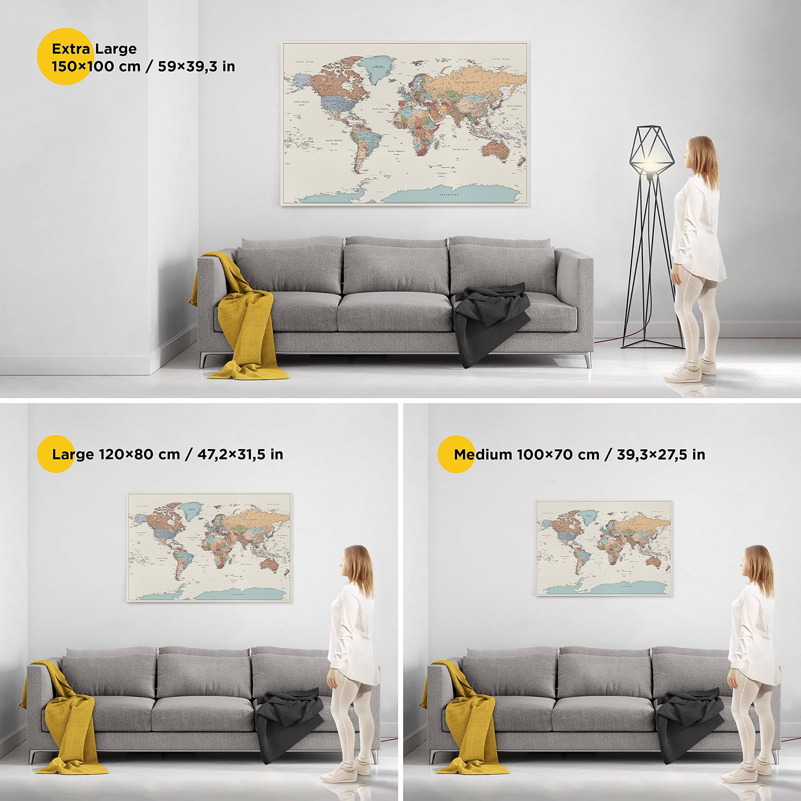 Trip Map Planisfero da Parete - Dettagliato Cartina Geografica Del Mondo con Puntine - Stampa su Tela - Diario di Viaggio - 3 Dimensioni: Media/Grande/Gigante