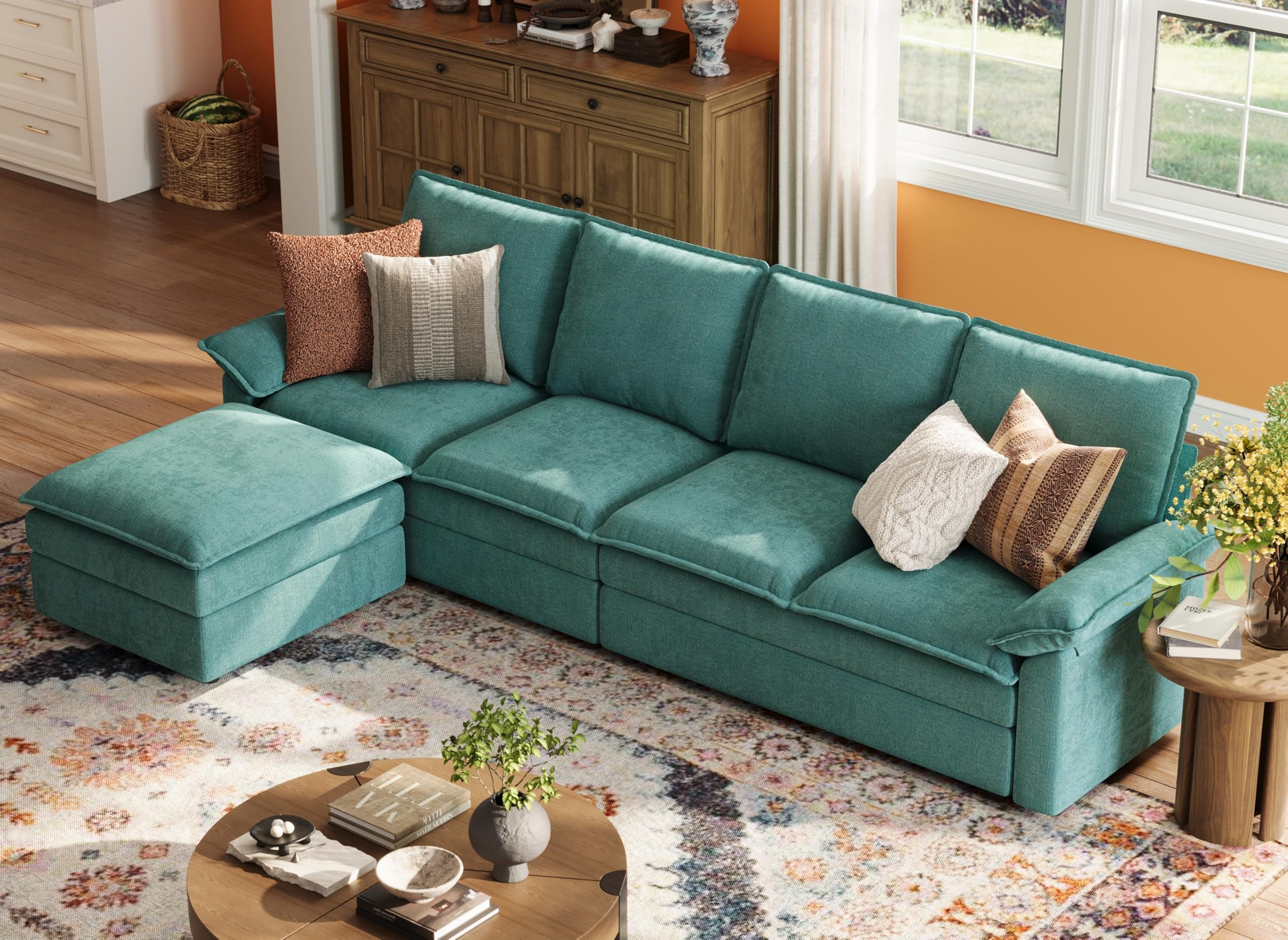 LINSY HOME Modular Cloud Couch, 113" L Shaped Sectional Sofa with Double Layer Cushions and Ottoman, Chenille 4 Seater Sofa Set for Living Room, Apartment, Green
