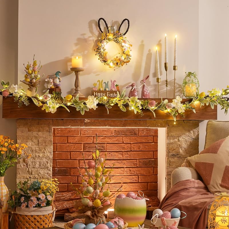 Valery Madelyn 40cm Húsvéti Koszorú LED Világítással, Nyúl Alakú Ajtódísz Tojásokkal