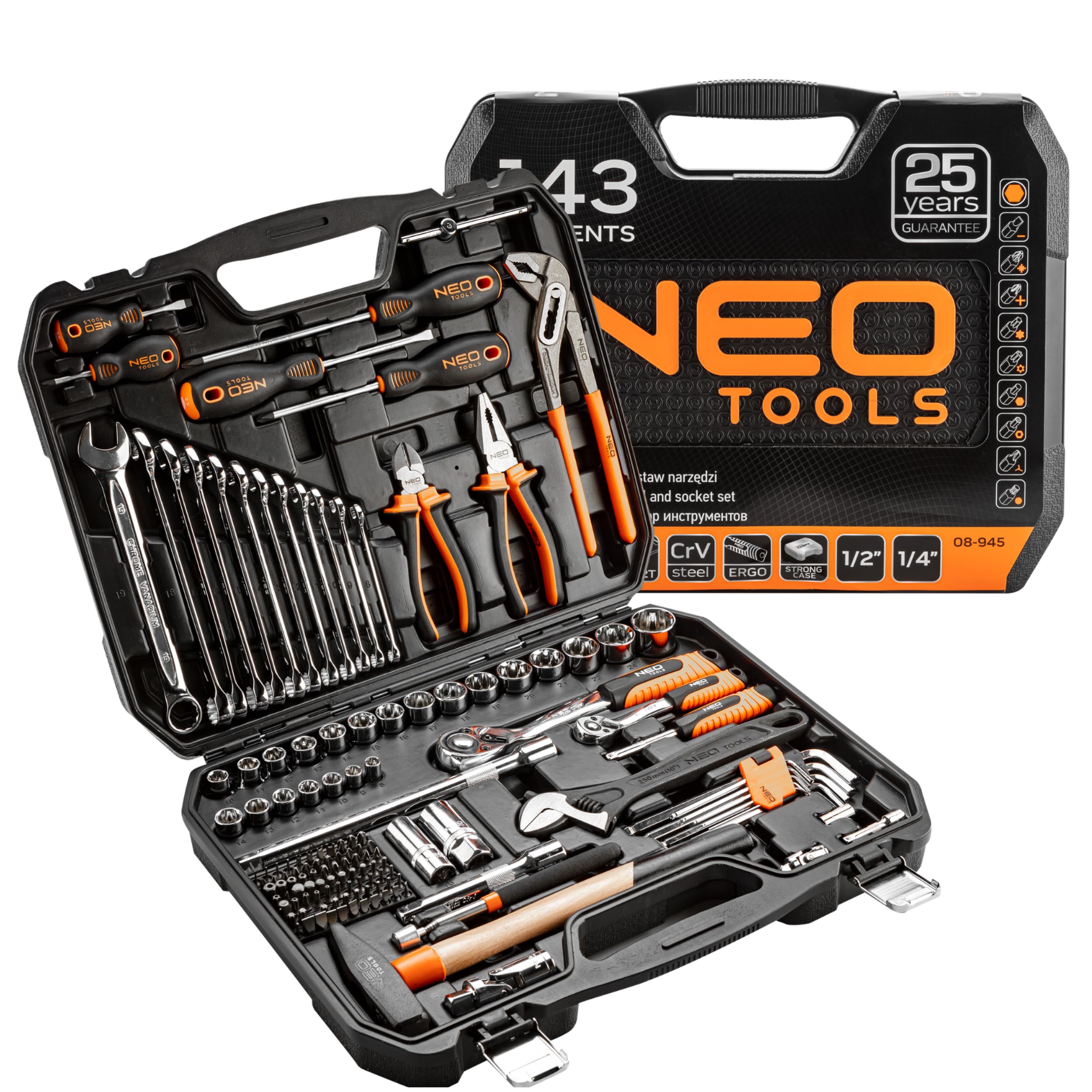 NEO TOOLS Lot de 143 outils en acier CRV pour travaux mécaniques, électriques, sanitaires et ménagers, mallette solide avec pinces métalliques