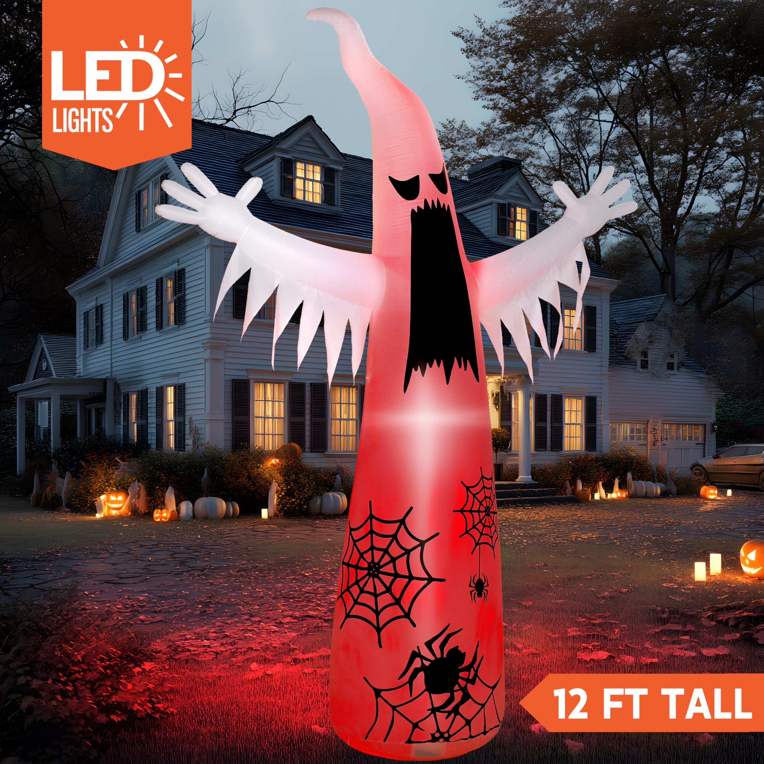 Joiedomi 12 Fuß aufblasbarer Halloween-Geist, riesige Außendekoration, aufblasbarer Halloween-Geist, Gartendekoration mit 3-farbigem blinkendem Flammenlicht für gruselige Rasenparty-Dekoration