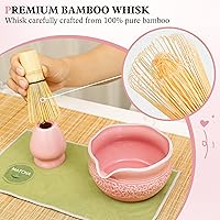 Vista 3 de Juego de matcha rosa, 8 piezas completo de cerámica matcha con cuenco, batidor y soporte de bambú, tamiz inoxidable, toalla de té, cuchara y cuchara