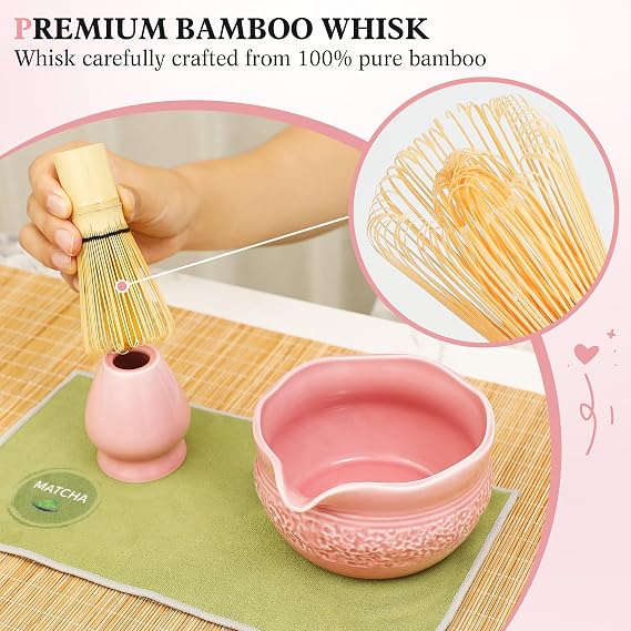 Pink Matcha Set, 8 Pcs Complete Ceramic Matcha Making Kit with Bowl, Bamboo Whisk & Holder, Stainless Sifter, Tea Towel, Scoop & Scoop Rest