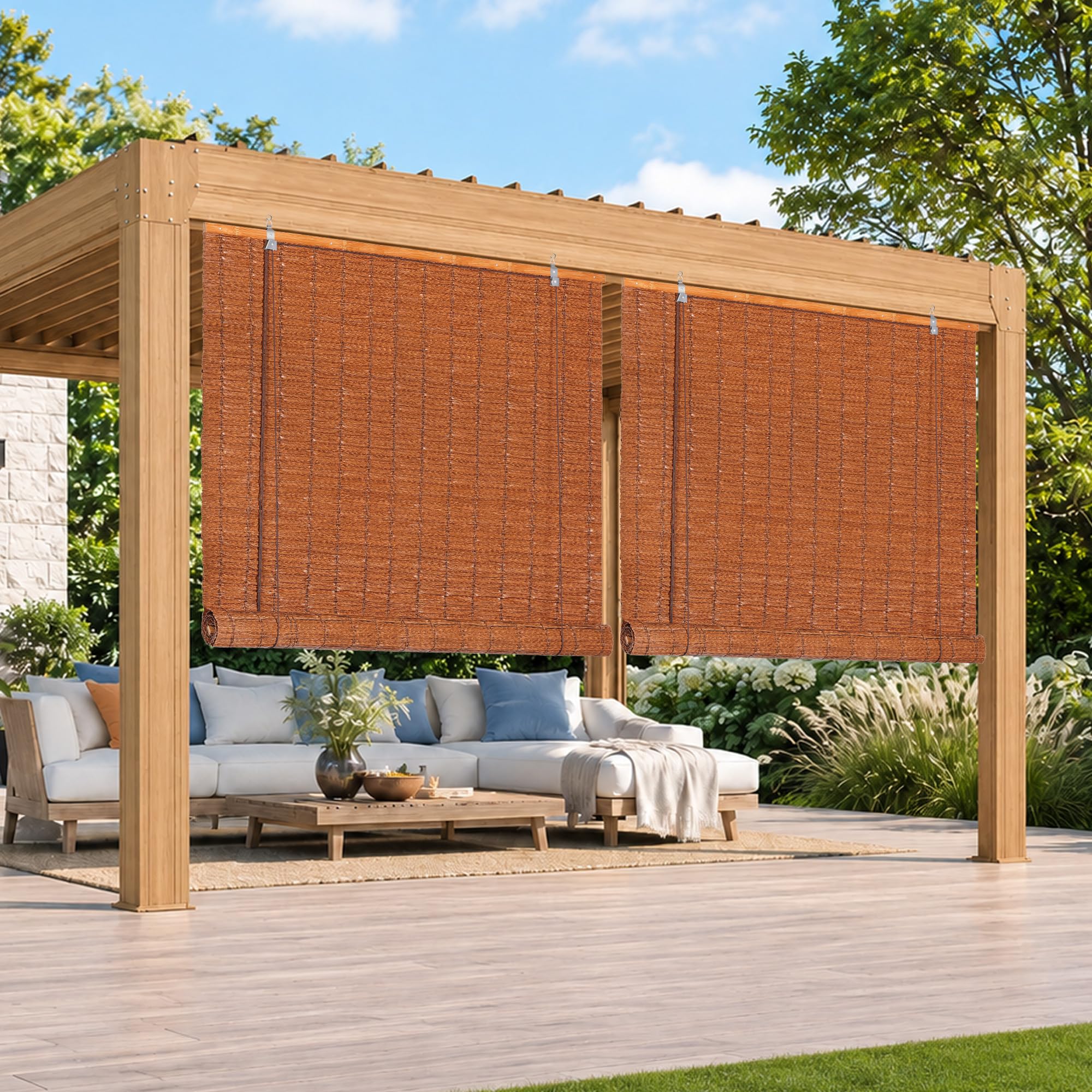 HOMEDEMO PE Tenda a rullo per Interni e Esterni, effetto bambù, Impermeabile, Protezione UV e Privacy, Tende Oscurante per Balconi e Terrazze, veneziane di Ventilazione, Marrone Scuro, 140x220cm