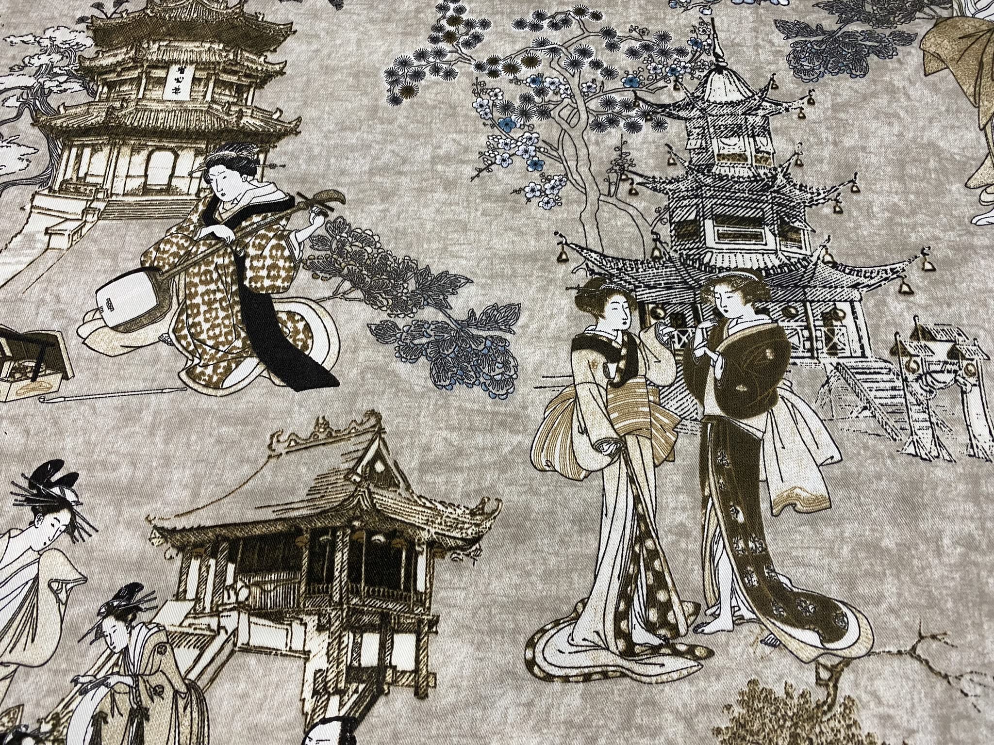 Lushfabric Beige Geisha Japanese Pagoda Oriental Twill Floral Curtain Fabric Linen Look Material - 140Cm Wide Textile - (Sold By The Metre)