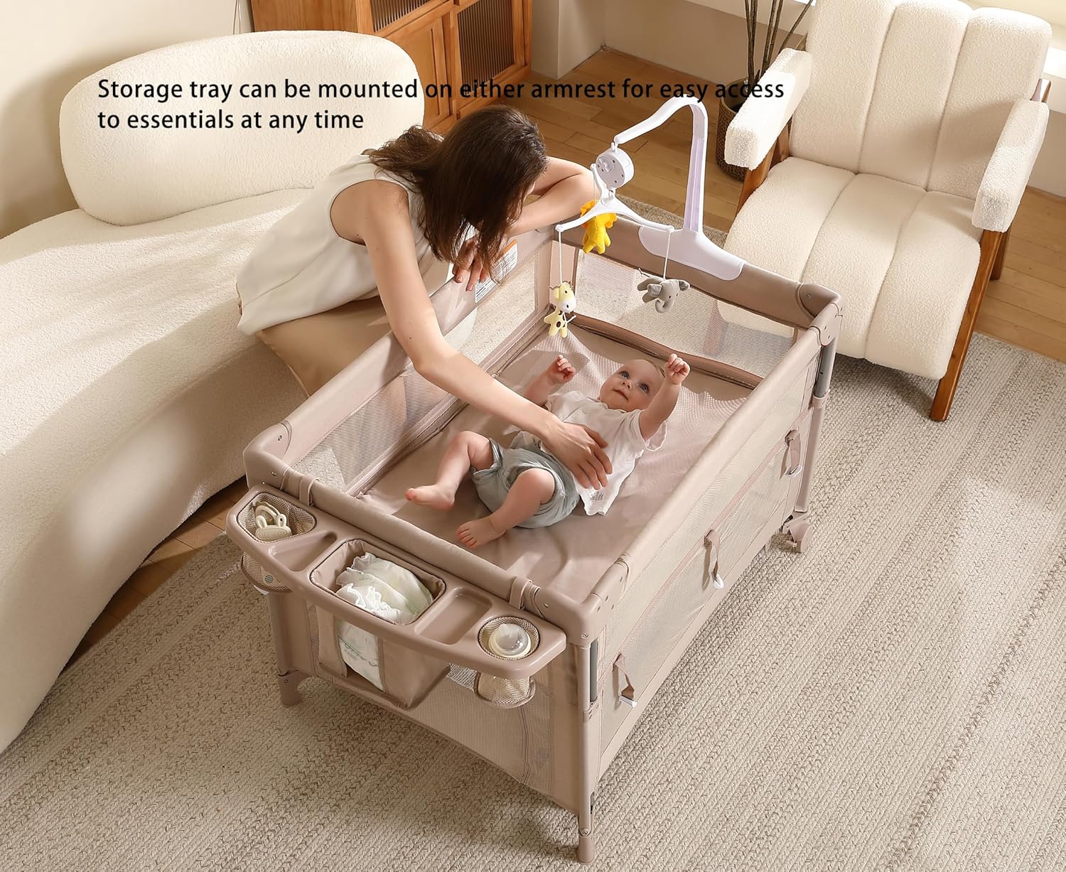 Pack and Play, 5 in 1 Baby Playard – Portable Crib, Bassinet, Bedside Sleeper, Changing Table & Playpen | Breathable Mesh | Safe & Foldable for Newborns to Toddlers (Beige) - Image 2