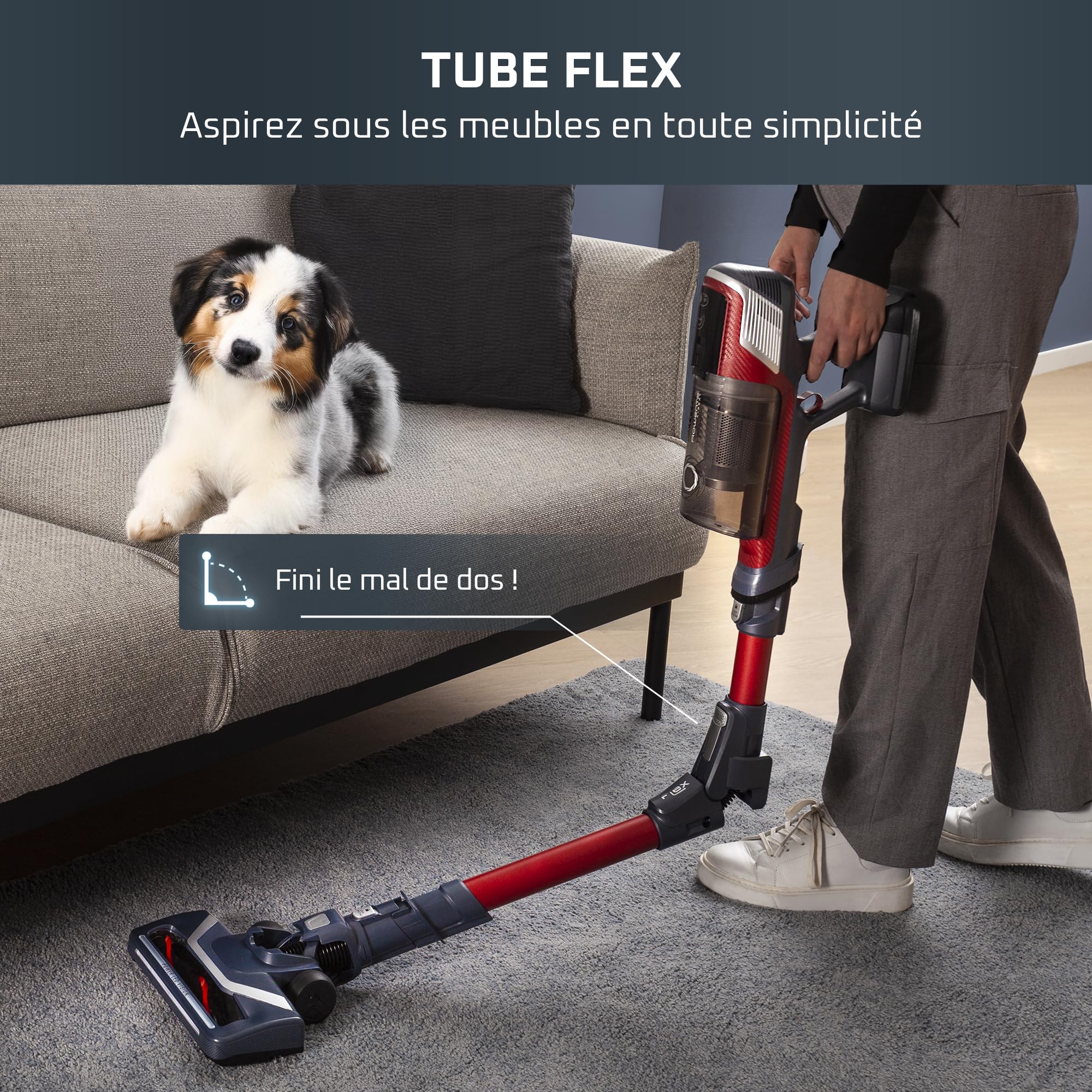 Rowenta X-Pert 6.60 Smart Aspirateur Balai sans fil, Tube Flex, Idéal pour les Poils D'animaux, Léger, Puissance 100W, Autonomie 45min, LED RH6471WO, Noir/Rouge
