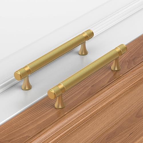 Miniatura 4 de Tirador de manija de gabinete de barra con acabado dorado satinado cepillado de latón con moleteado de 6 pulgadas (centro de agujero de 5 pulgadas)