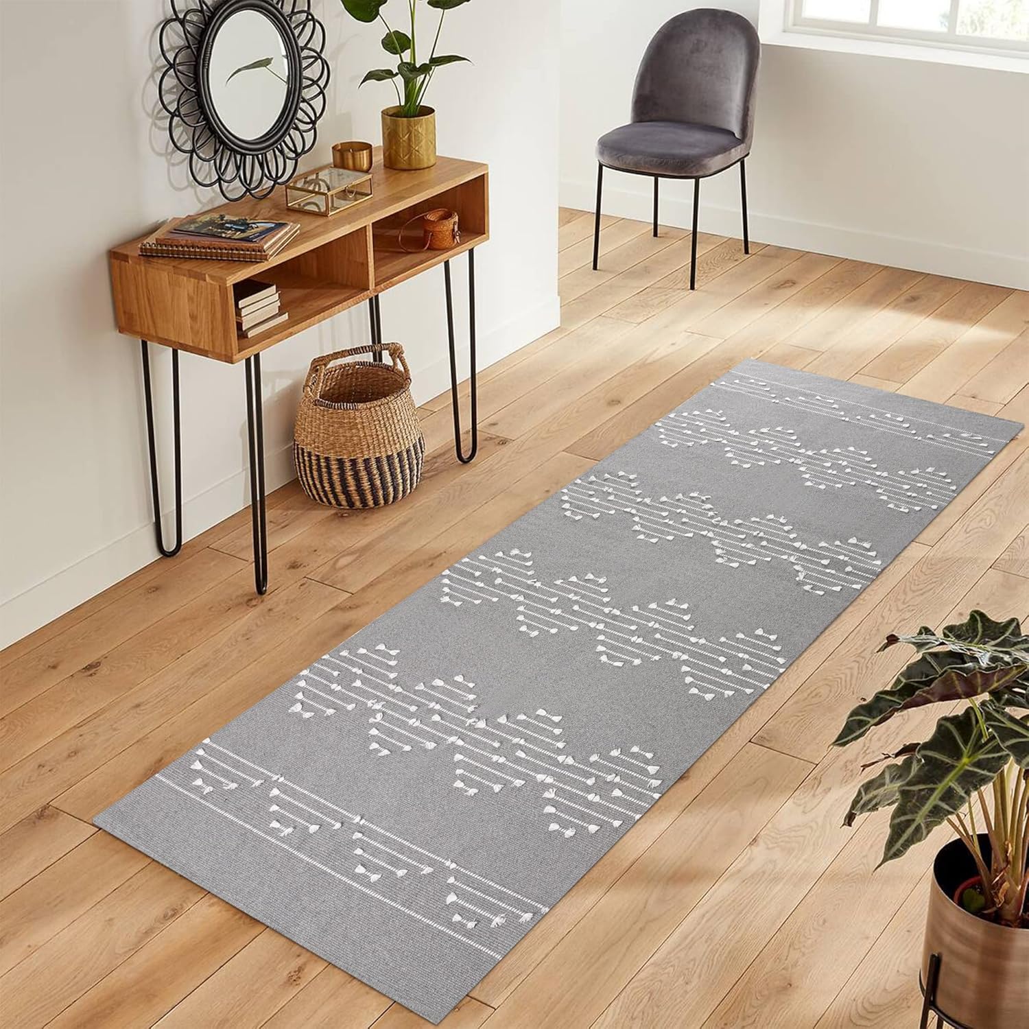AGELMAT Boho Rug 2'x6', Gray and White Kitchen Runner for