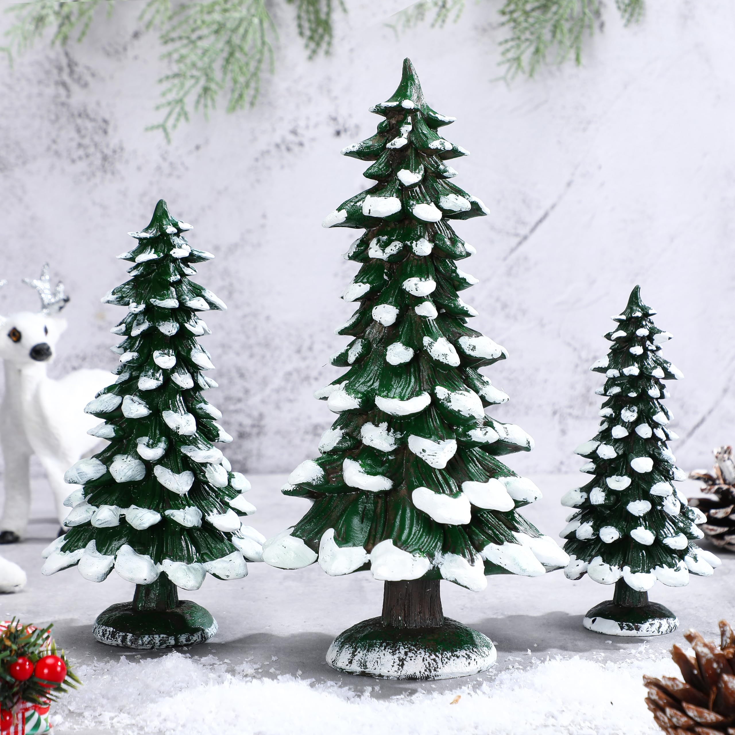 Shellwei 3 Pcs Christmas Tree Tabletop Decorations Winter Snow Resin Sign Ornament Tabletop White Resin Christmastree Centerpiece for Xmas Indoor Home Office Holiday Decoration
