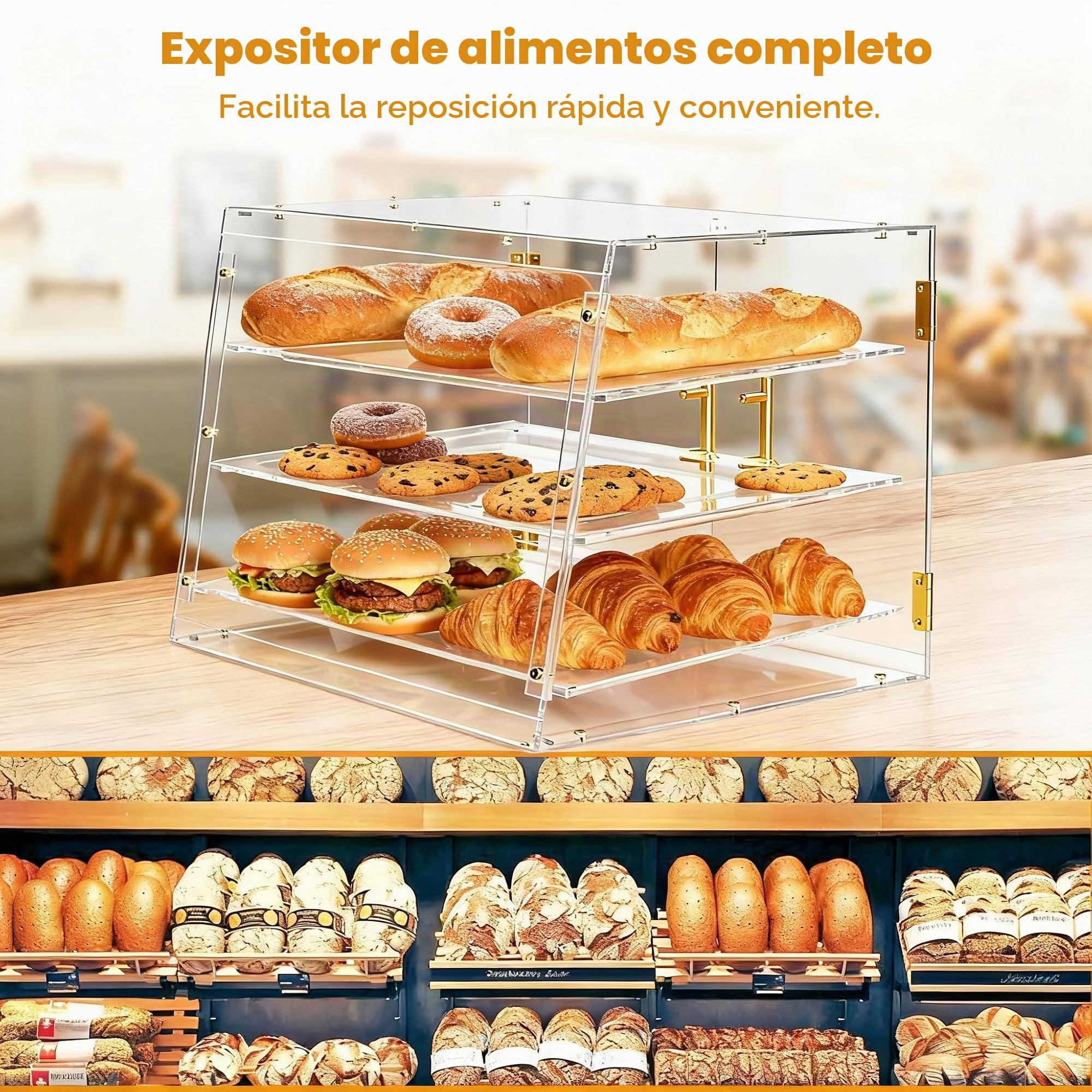 Vitrina de exhibición de panadería Acryvic de 3 bandejas, vitrina comercial de pastelería con puertas magnéticas, gabinete de exhibición de pasteles y alimentos de 53 x 43 x 42 cm para venta al por