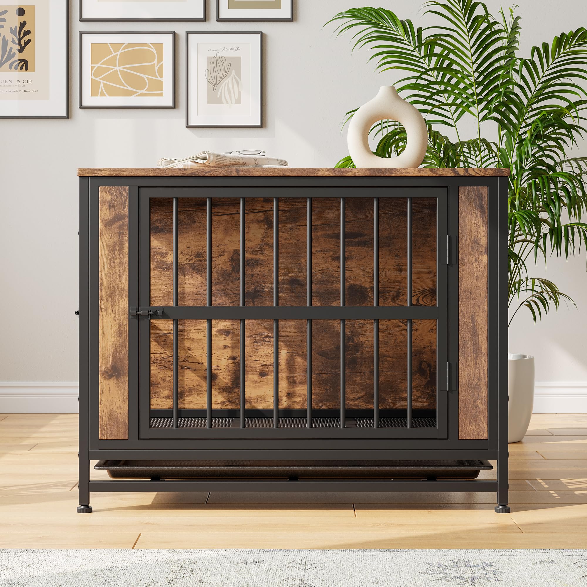 Muebles de jaula para perros, jaula resistente para perros grandes/medianos, caseta de madera para interiores, casa para perros con bandeja extraíble, mesa auxiliar de jaula para mascotas de