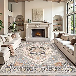 Rugland 8x10 Area Rugs - Stain Resistant Washable Rug, Anti Slip Backing Rugs for Living Room, Vintage Tribal Area Rugs (TPR11-Blue, 8'x10')