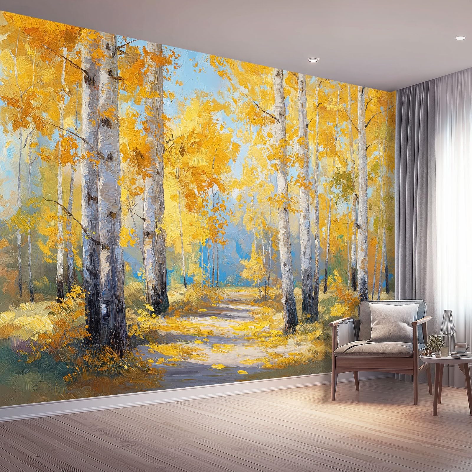 Fototapeta naturalna żółta brzozowa las ścieżka tapeta z włókniny dekoracja salonu sypialni biura 300 x 210 cm