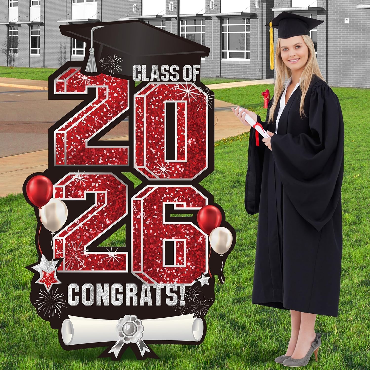2026 Extra Large 47.2 Inch Graduation Yard Sign Congrats Grad Lawn Decor Class of 2026 DIY Name Yard Sign with Metal Stakes for College High School Grad Outdoor Party Supplies, Red