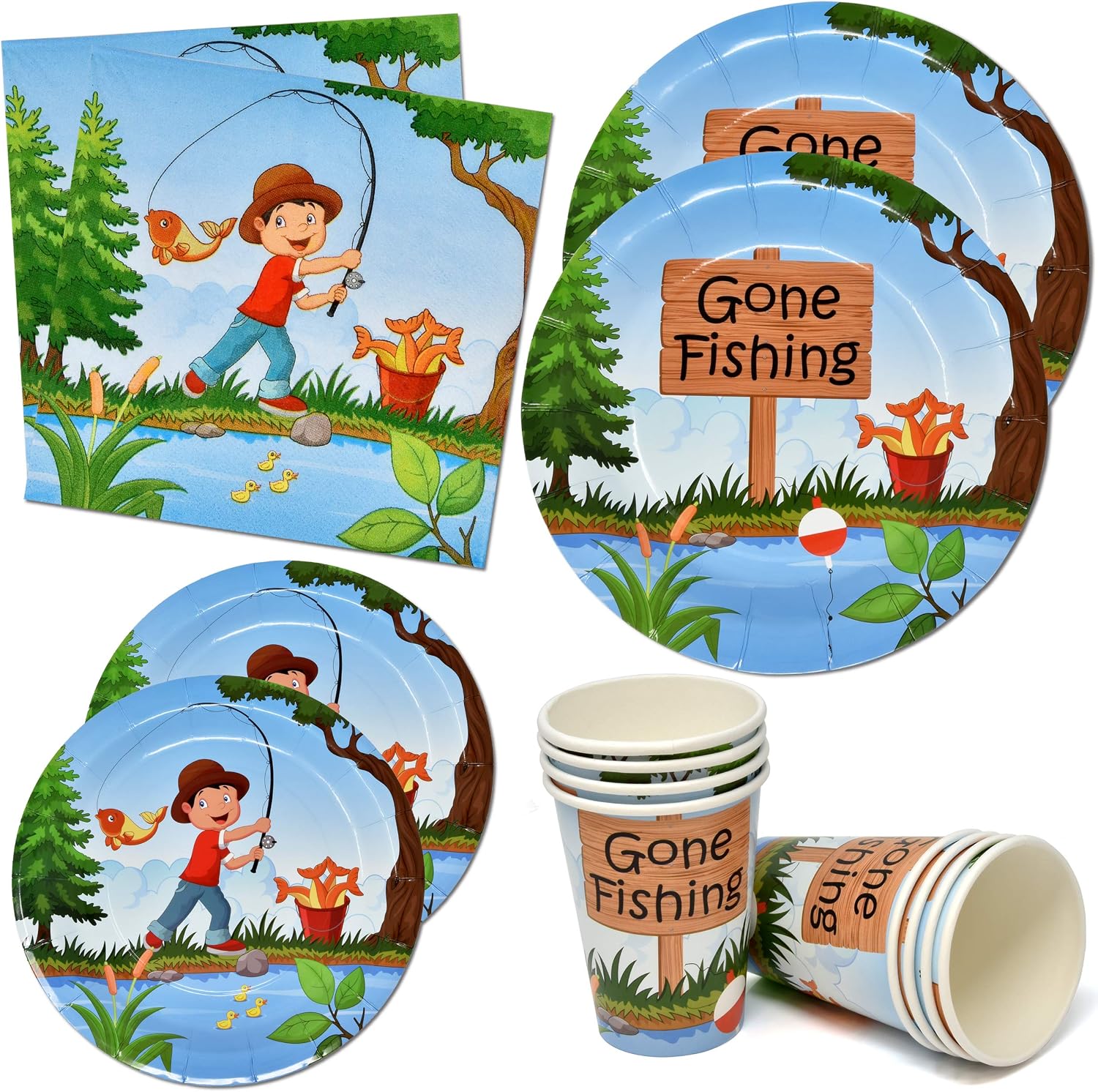 Little Fisherman Gone Fishing Party Supplies Tableware Set 24 9" Paper Dinner Plates 24 7" Dessert Plate 24 9 Oz Cups 50 Lunch Napkin for Kids Camping Fish Tournament Themed Baby Shower Birthday Decor