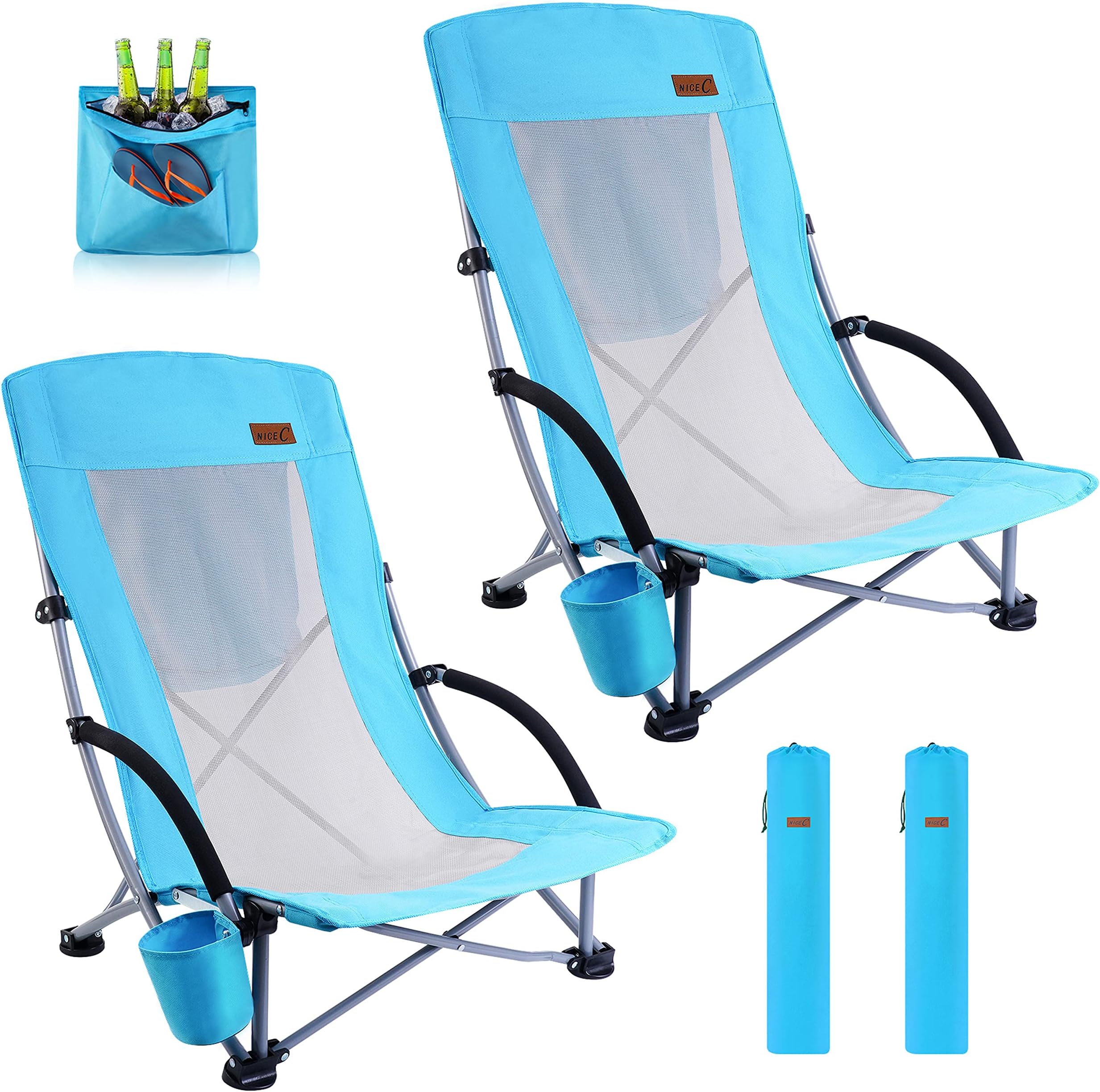 Nice C Beach Chair, Beach Chairs for Adults 2 Pack w/Cooler Compact High Back, Cup Holder & Carry Bag & Heavy Duty Outdoor, Camping, BBQ, Travel, Picnic, Festival (Set of 2 Blue)