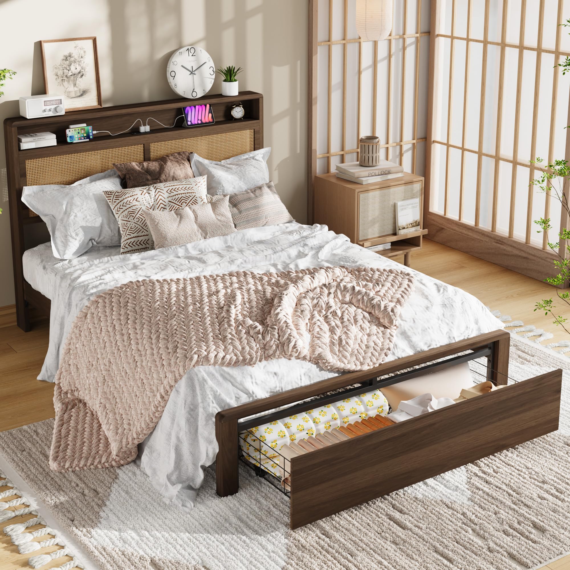 Photo 1 of Garvee Full Rattan Bed Frame with Storage and LED Lights
