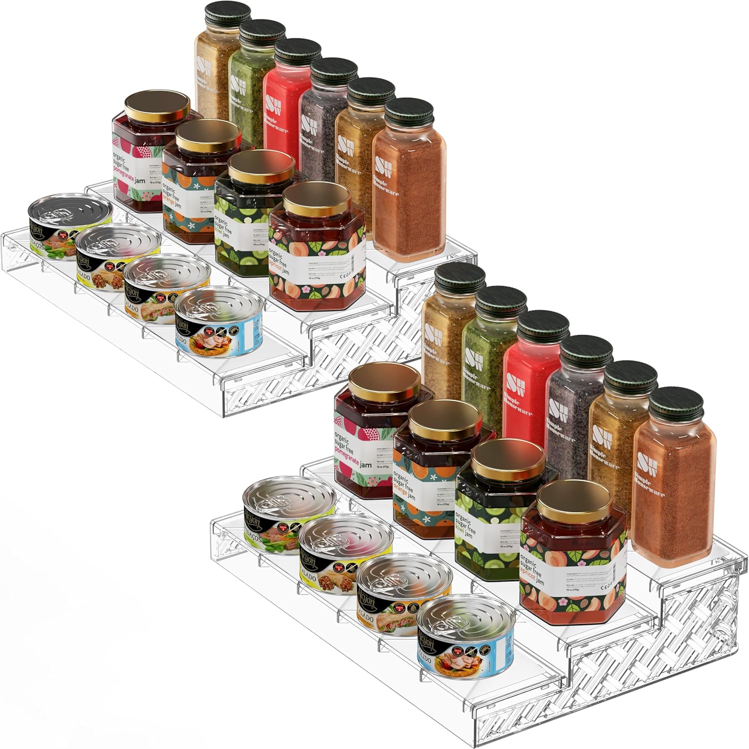 Simple Houseware 3 Tier Plastic Spice Shelf For Countertop and Cabinet Storage Organizer, 2 Pack, Clear