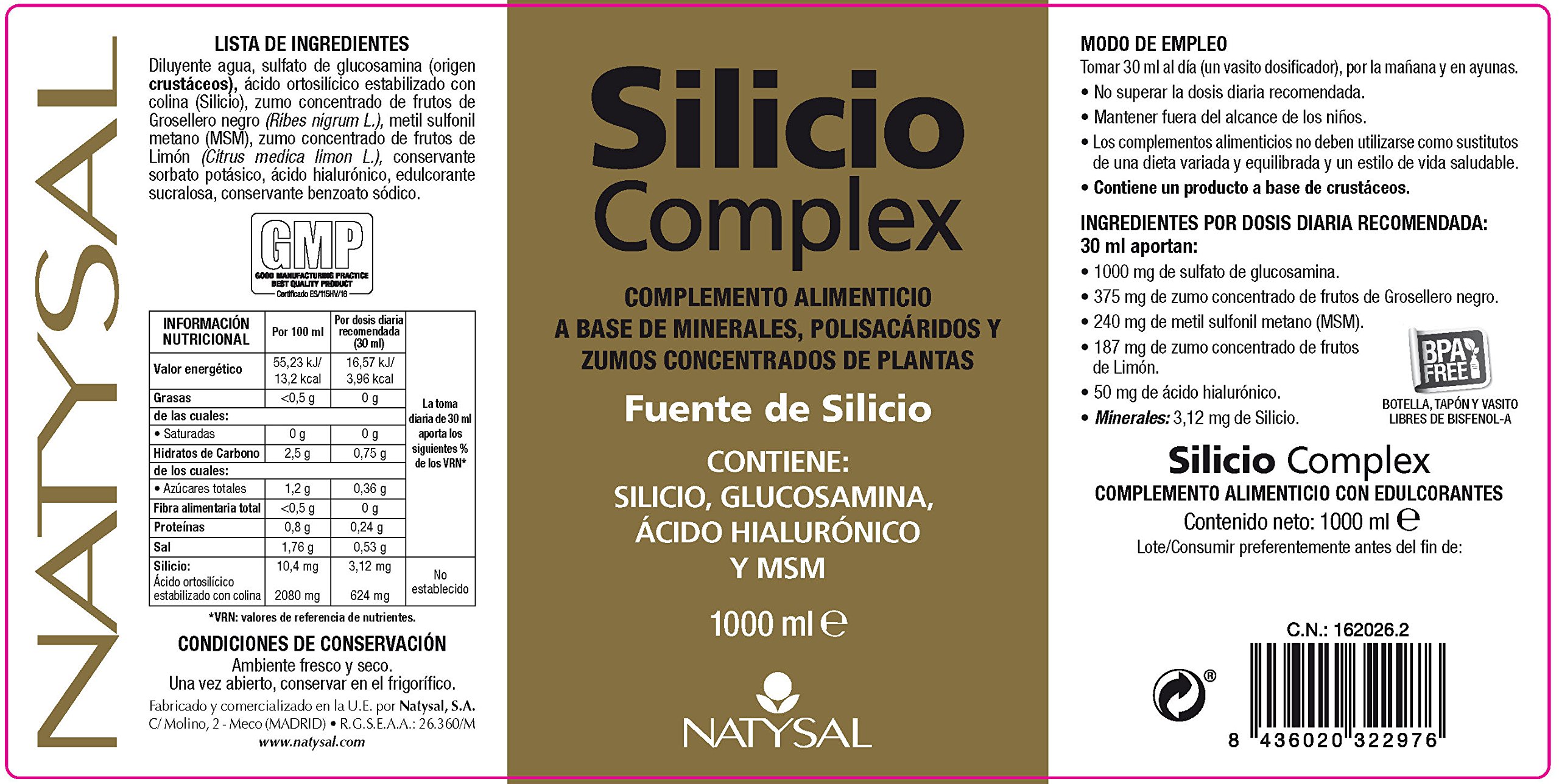 SILICIUM COMPLEX 1.000 ml | Organic Silicium with Glucosamine, Hyaluronic Acid, MSM | Without colouring agents | Natysal